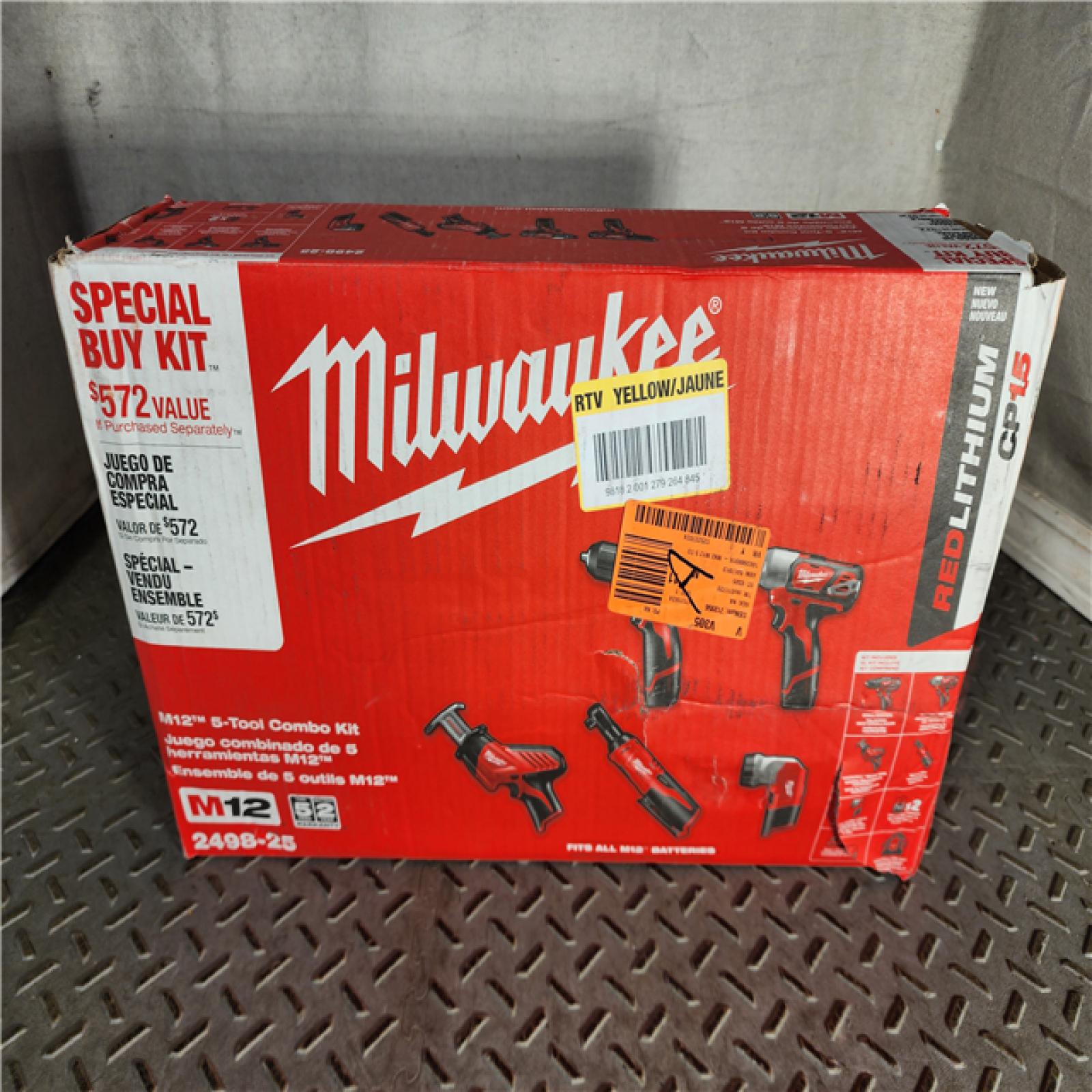 HOUSTON LOCATION - AS-IS MILWAUKEE M12 12V Lithium-Ion Cordless Combo Kit (5-Tool) with Two 1.5Ah Batteries, Charger & Tool Bag