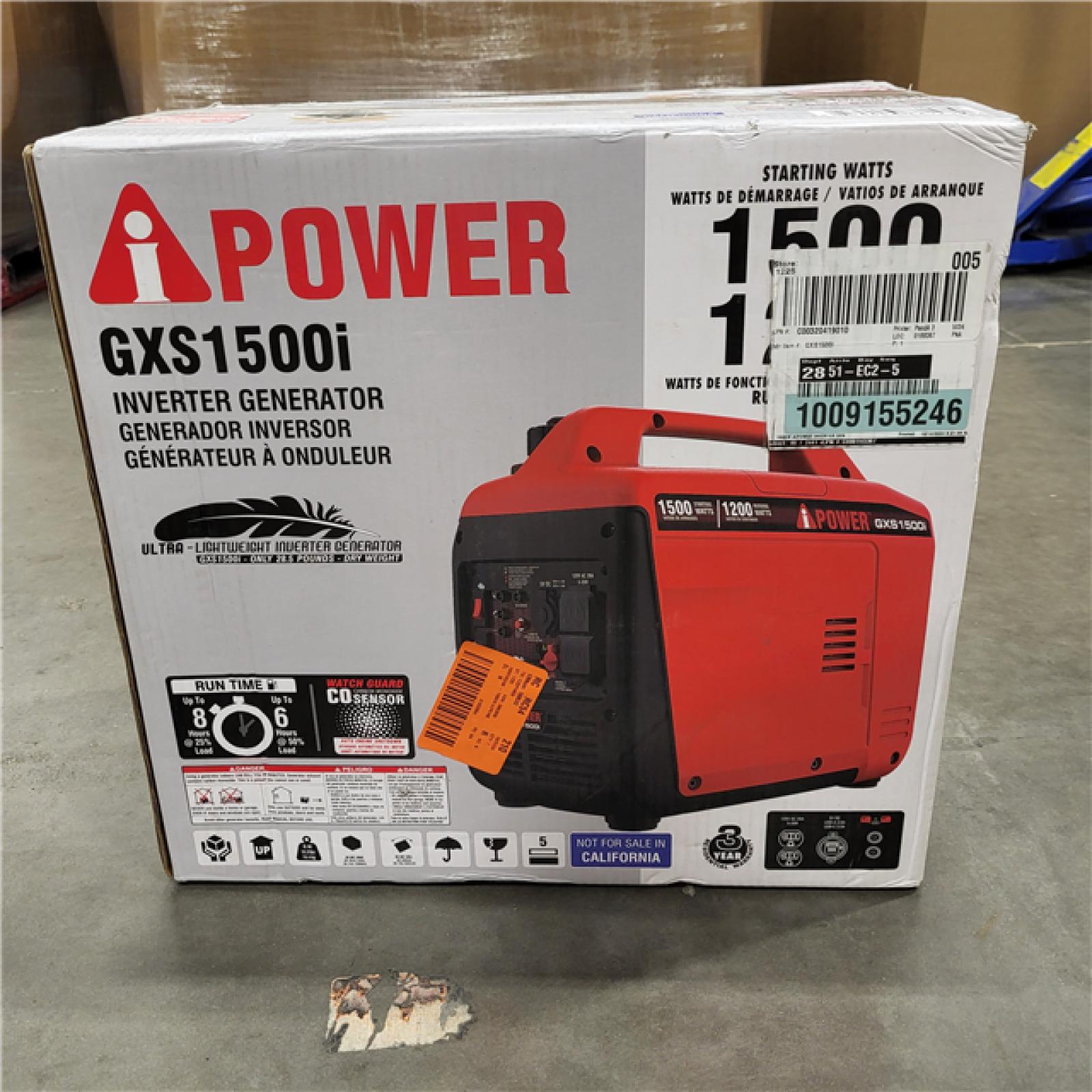 AS-IS A-iPower 1500-Watt Recoil Start Gasoline Powered Ultra-Light Inverter Generator with 60cc OHV Engine and CO Sensor Shutdown