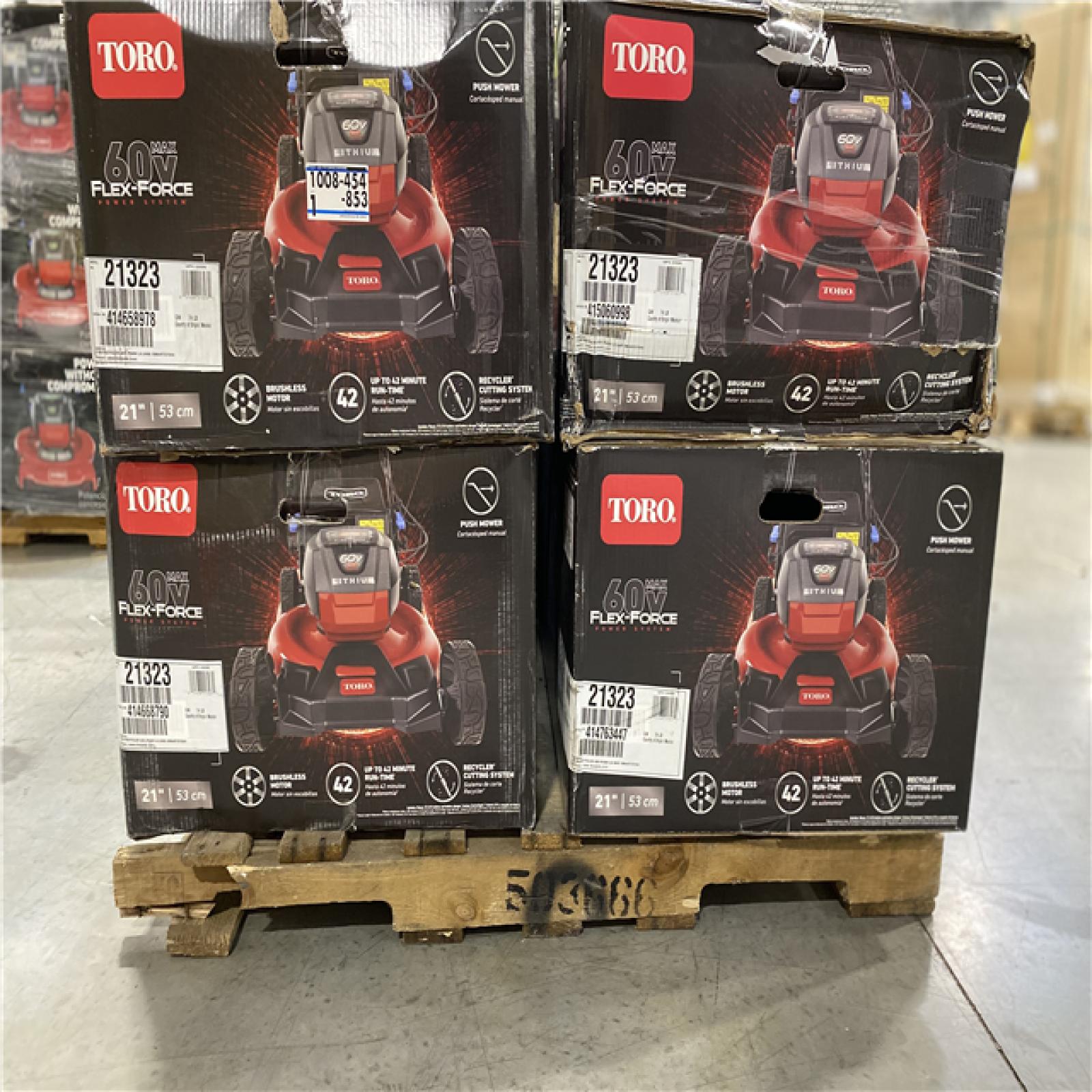 DALLAS LOCATION - NEW! TORO DALLAS LOCATION - NEW! TORO 60V Max* 21 in. Super Recycler® w/Personal Pace & SmartStow Lawn Mower with 7.5Ah Battery PALLET - (4 UNITS)