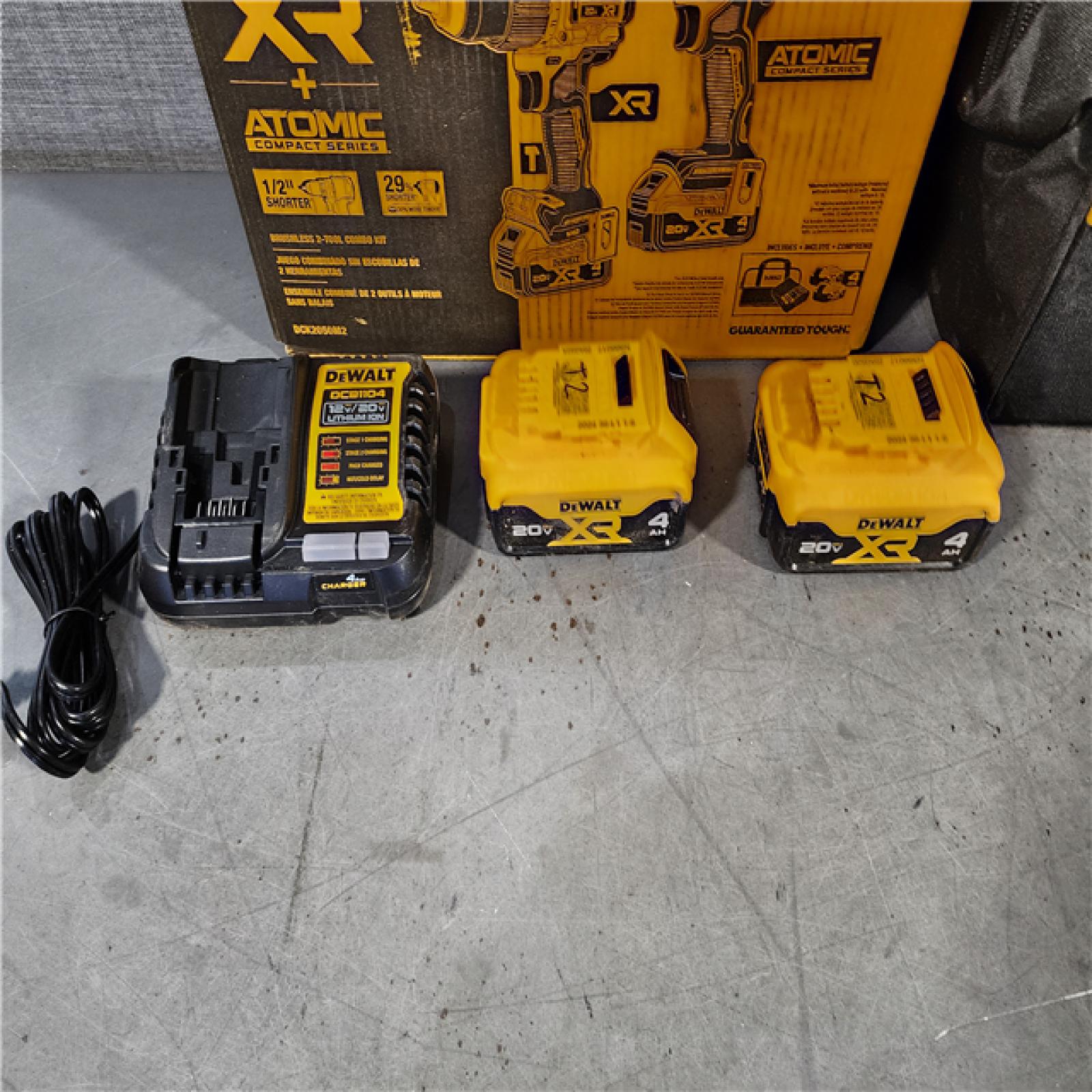 HOUSTON LOCATION - AS-IS DEWALT 20V MAX XR Hammer Drill and ATOMIC Impact Driver 2 Tool Cordless Combo Kit with (2) 4.0Ah Batteries, Charger, and Bag