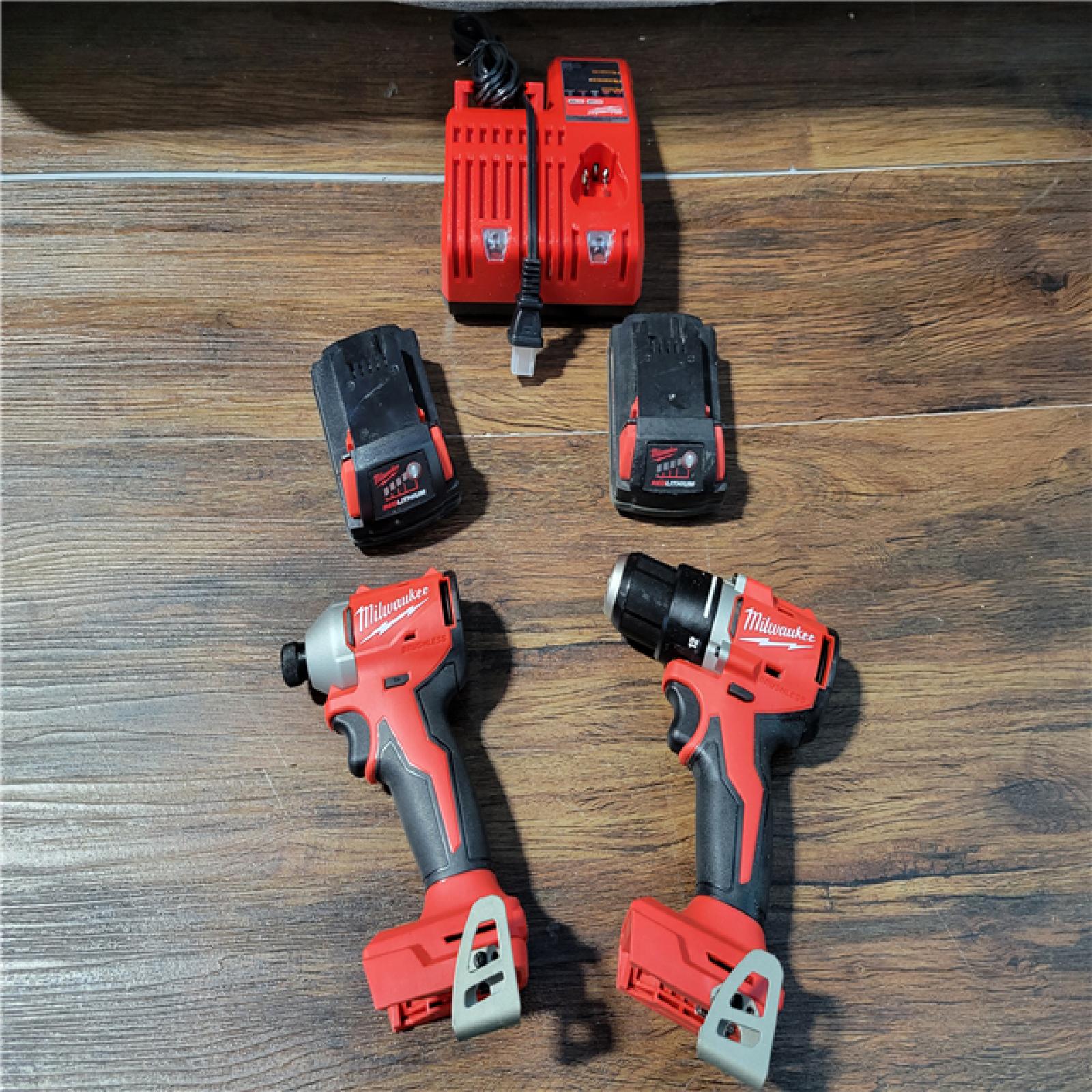 CALIFORNIA AS-IS MILWAUKEE M18 COMPACT BRUSHLESS 2-TOOL COMBO KIT(BATTERIES,CHARGER,AND BAG INCLUDED)