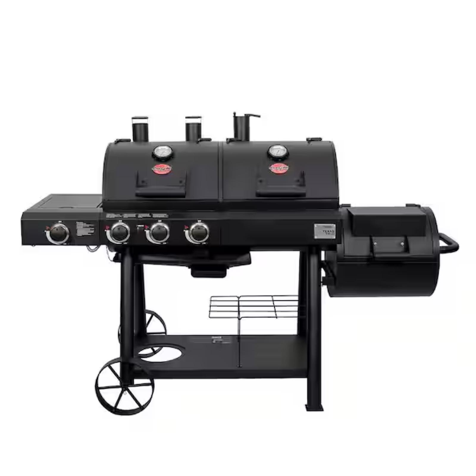 DALLAS LOCATION - Char-Griller Texas Trio 4-Burner Dual Fuel Grill with Smoker in Black