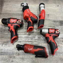 AS-IS MILWAUKEE M12 12V Lithium-Ion Cordless Combo Kit (5-Tool) with Two 1.5Ah Batteries, Charger & Tool Bag