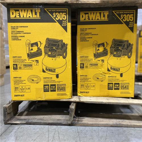 DALLAS LOCATION - NEW! DEWALT 6 Gal. 18-Gauge Brad Nailer and Heavy-Duty Pancake Electric Air Compressor Combo Kit PALLET -(4 UNITS)