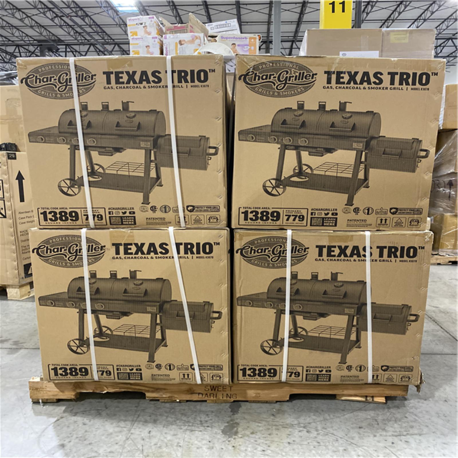 DALLAS LOCATION - Char-Griller Texas Trio 4-Burner Dual Fuel Grill with Smoker in Black - (4 UNITS)