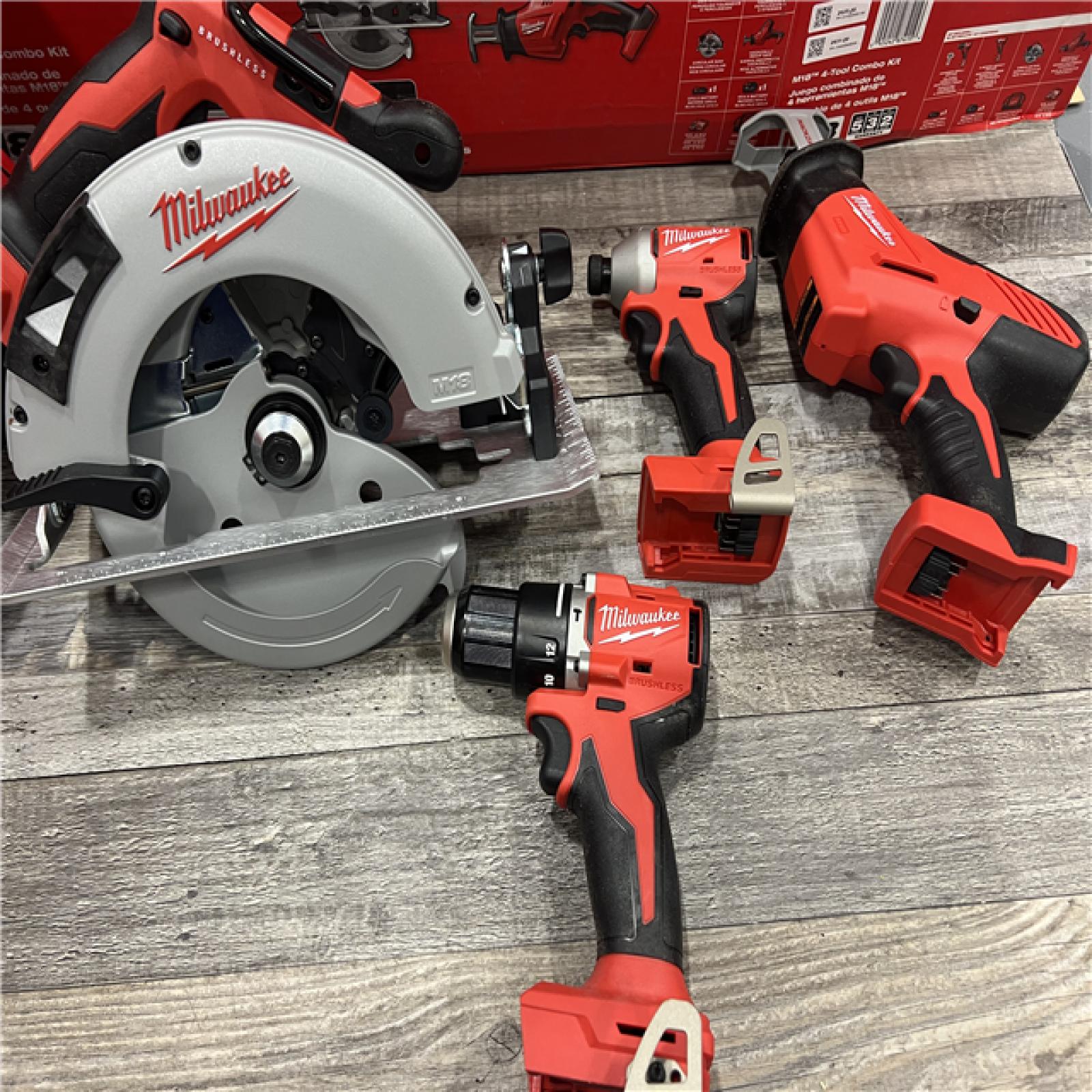 AS-IS MILWAUKEE M18 18-Volt Lithium-Ion Brushless Cordless Combo Kit (4-Tool) with 2-Batteries, 1-Charger and Tool Bag