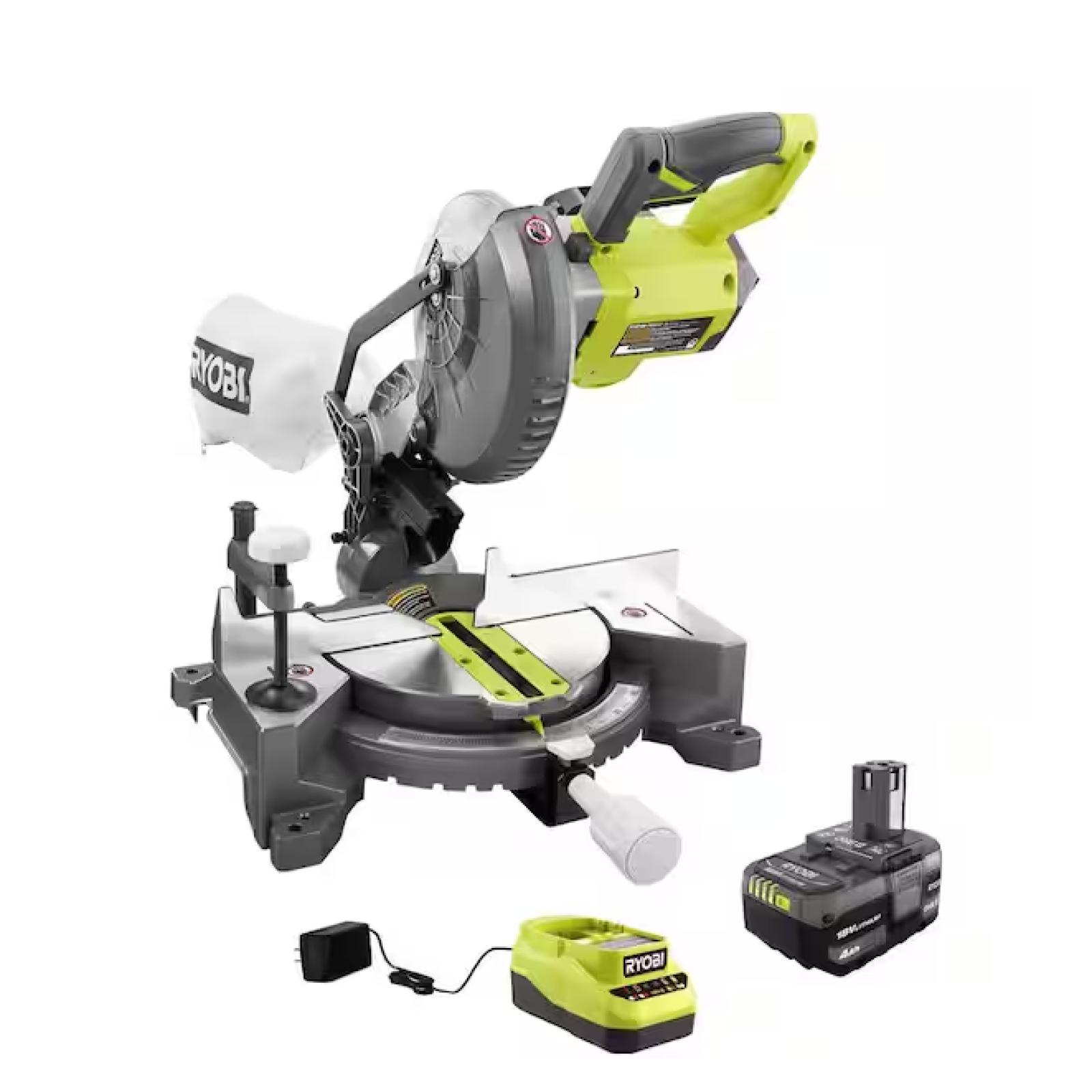 LIKE NEW! - RYOBI 18V ONE+ Cordless 7-1/4 in. Compound Miter Saw with 4.0 Ah Lithium-Ion Battery and 18V Charger