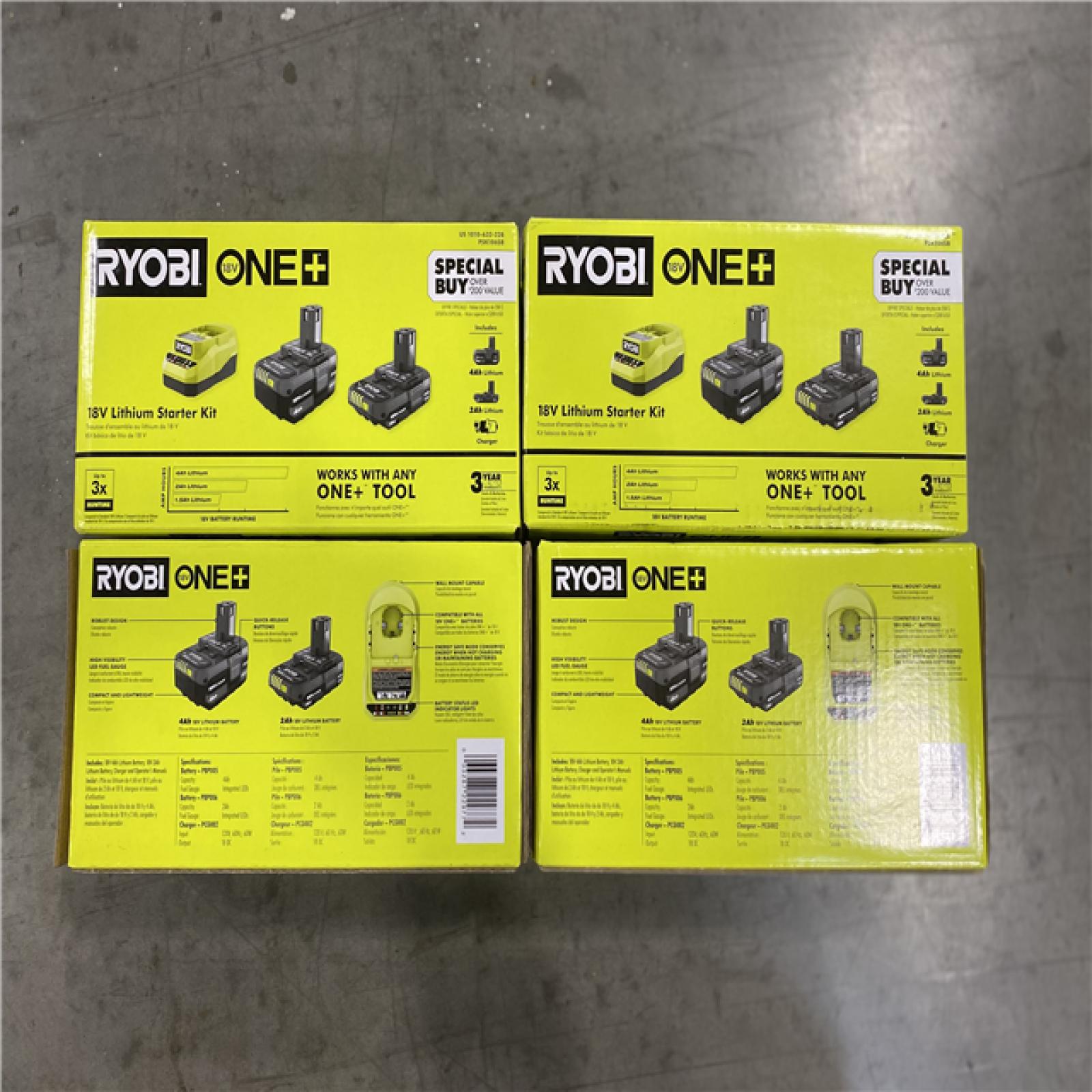 NEW! - RYOBI ONE+ 18V Lithium-Ion Starter Kit with 2.0 Ah Battery, 4.0 Ah Battery, and Charger - (4 UNITS)