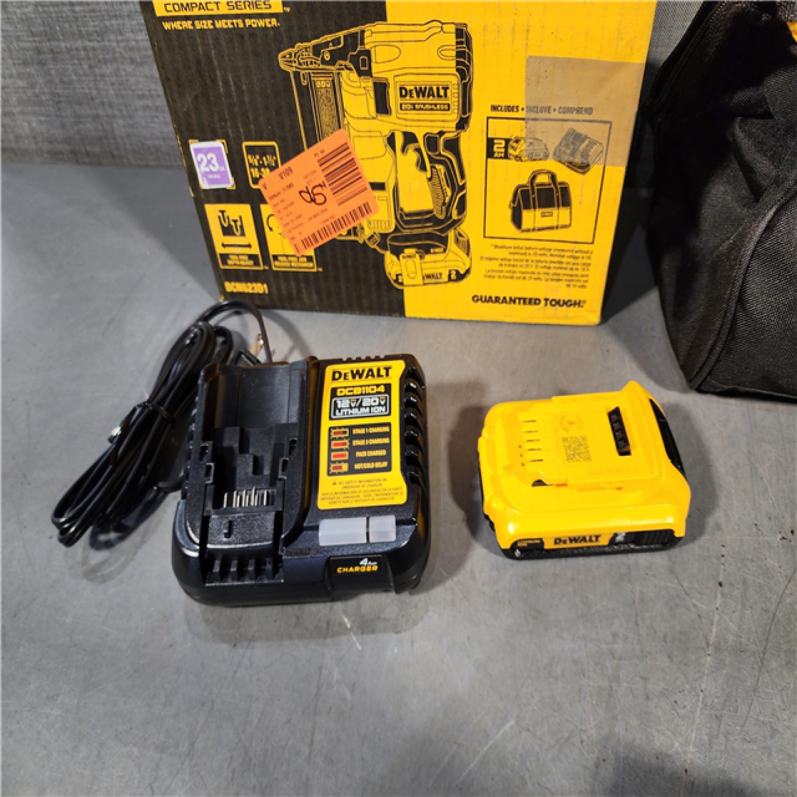 HOUSTON LOCATION - AS-IS DEWALT ATOMIC 20V MAX Lithium Ion Cordless 23 Gauge Pin Nailer Kit with 2.0Ah Battery and Charger