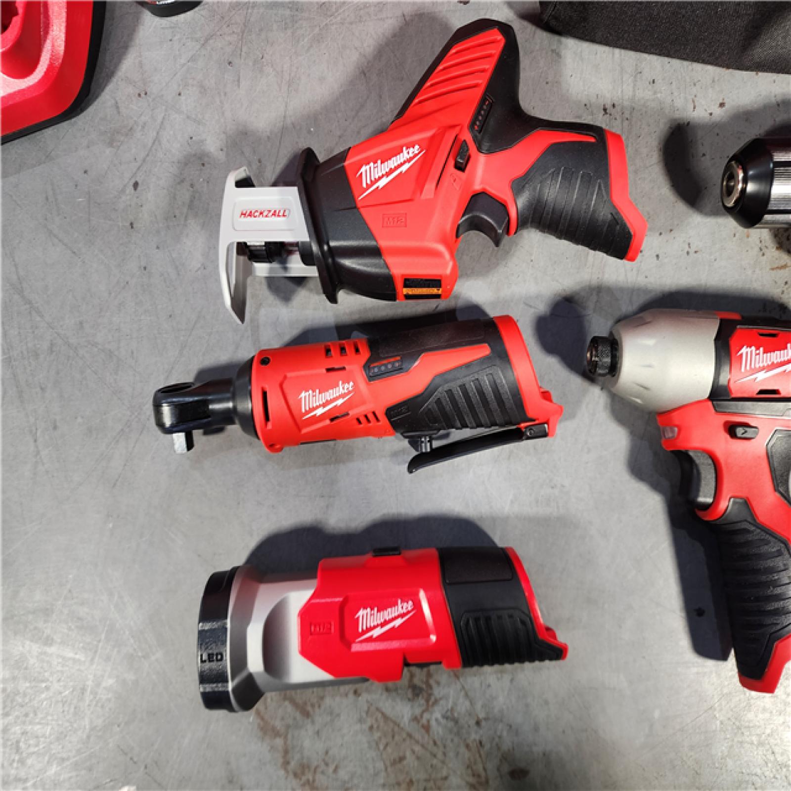 HOUSTON LOCATION - AS-IS (APPEARS LIKE NEW) MILWAUKEE M12 12V Lithium-Ion Cordless Combo Kit (5-Tool) with Two 1.5Ah Batteries, Charger & Tool Bag