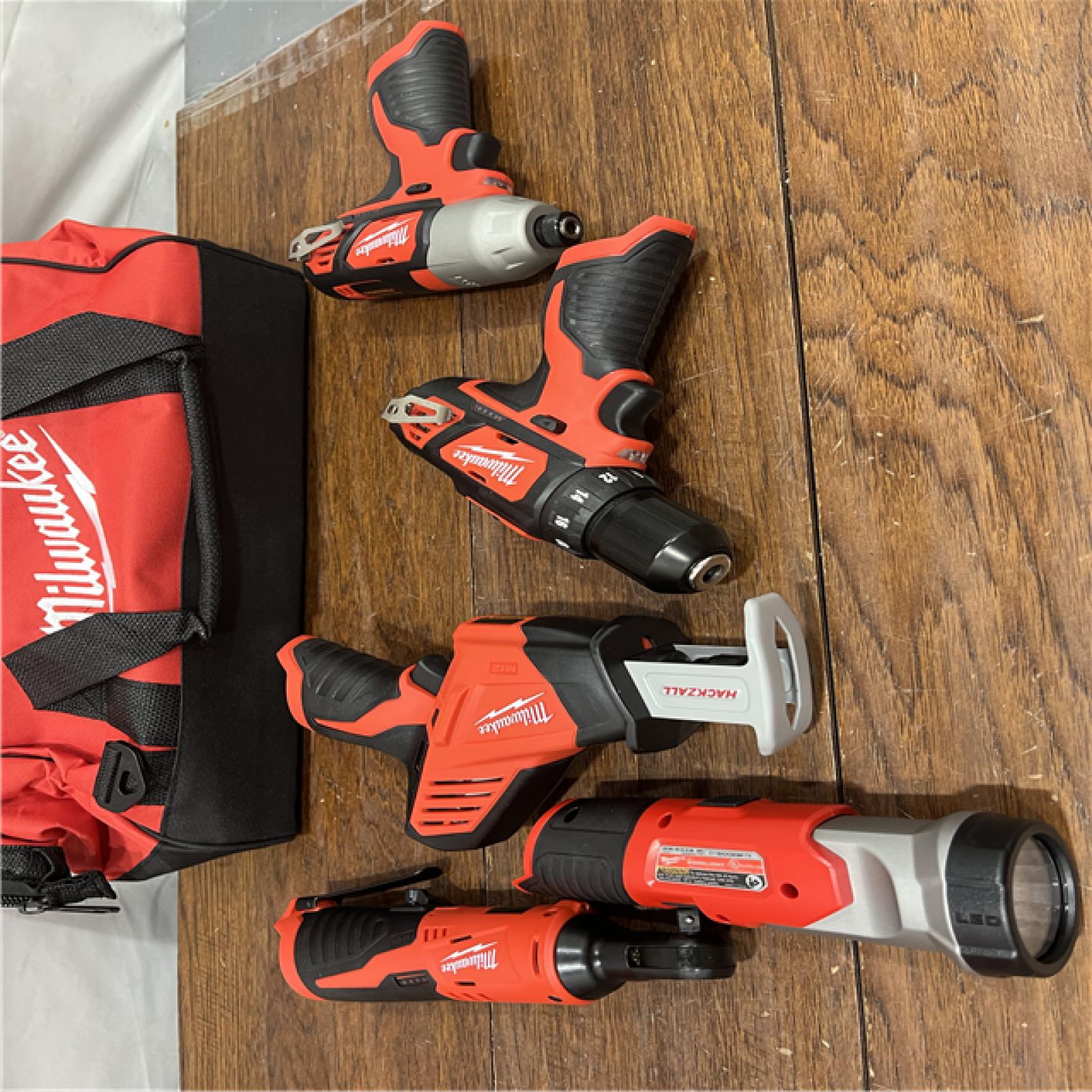 AS-IS MILWAUKEE M12 12V Lithium-Ion Cordless Combo Kit (5-Tool) with Two 1.5Ah Batteries, Charger & Tool Bag