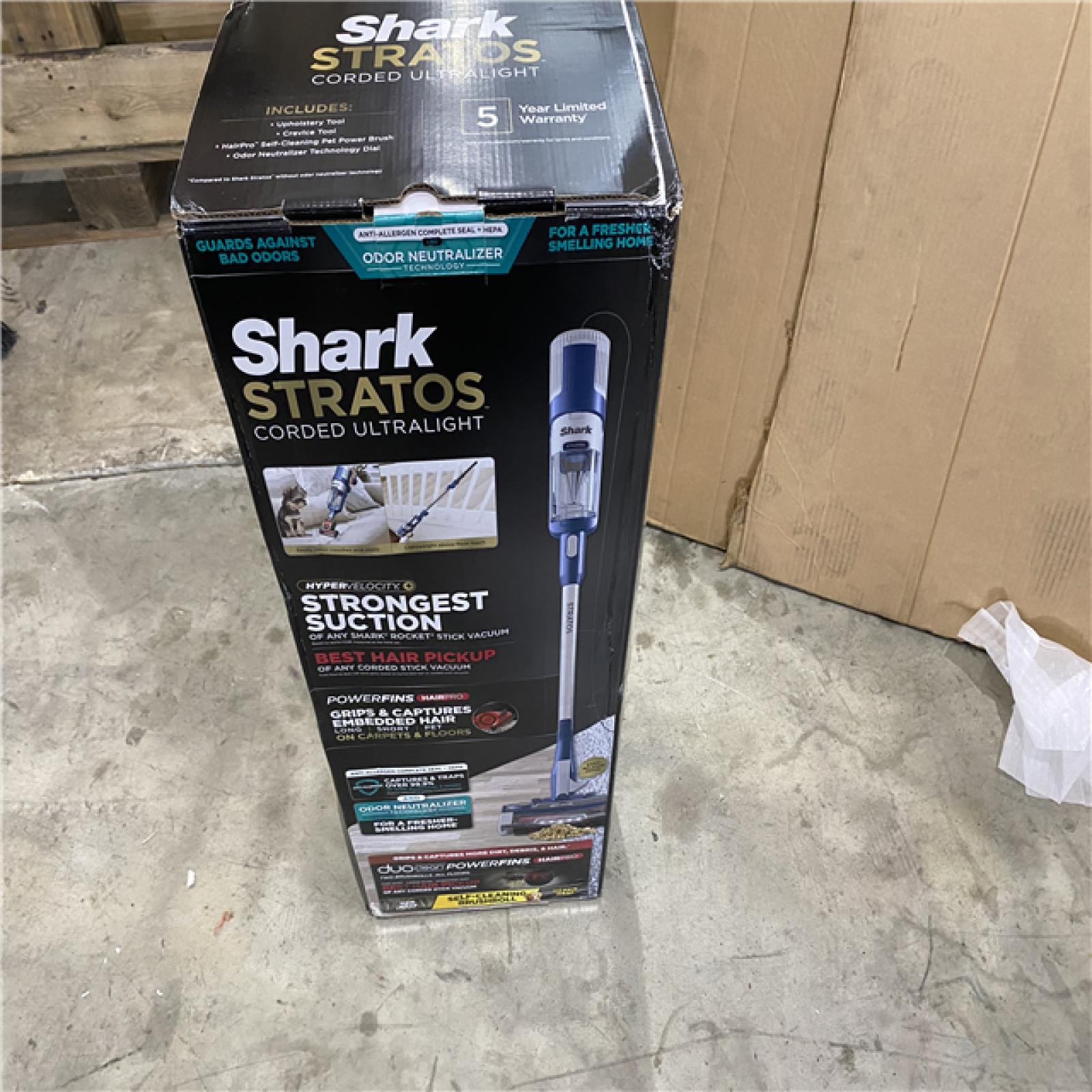 Houston location AS-IS Shark Stratos Corded Stick Vacuum with DuoClean Powerfins Hairpro and Odor Neutralizer Technology - Navy