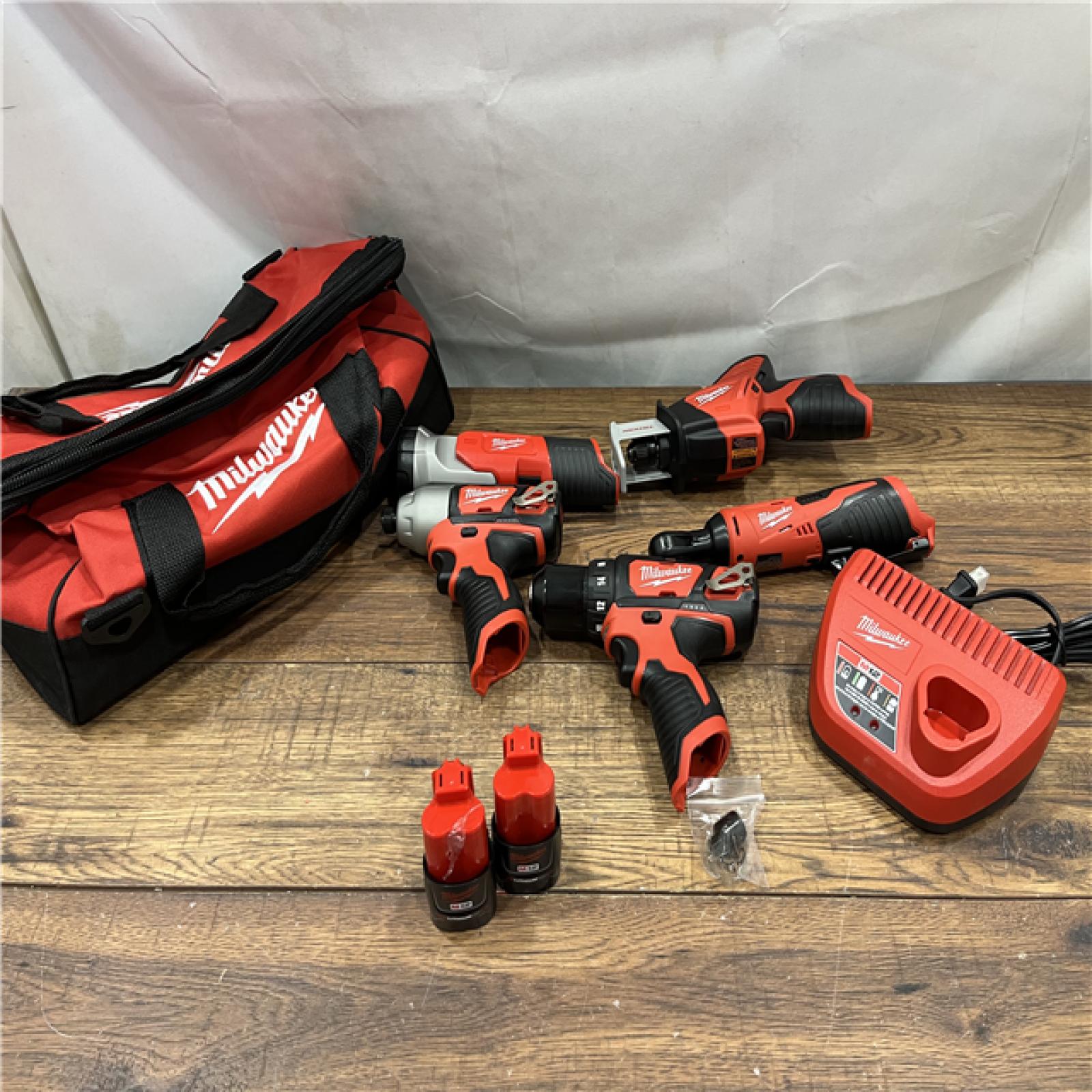 AS-IS MILWAUKEE M12 12V Lithium-Ion Cordless Combo Kit (5-Tool) with Two 1.5Ah Batteries, Charger & Tool Bag