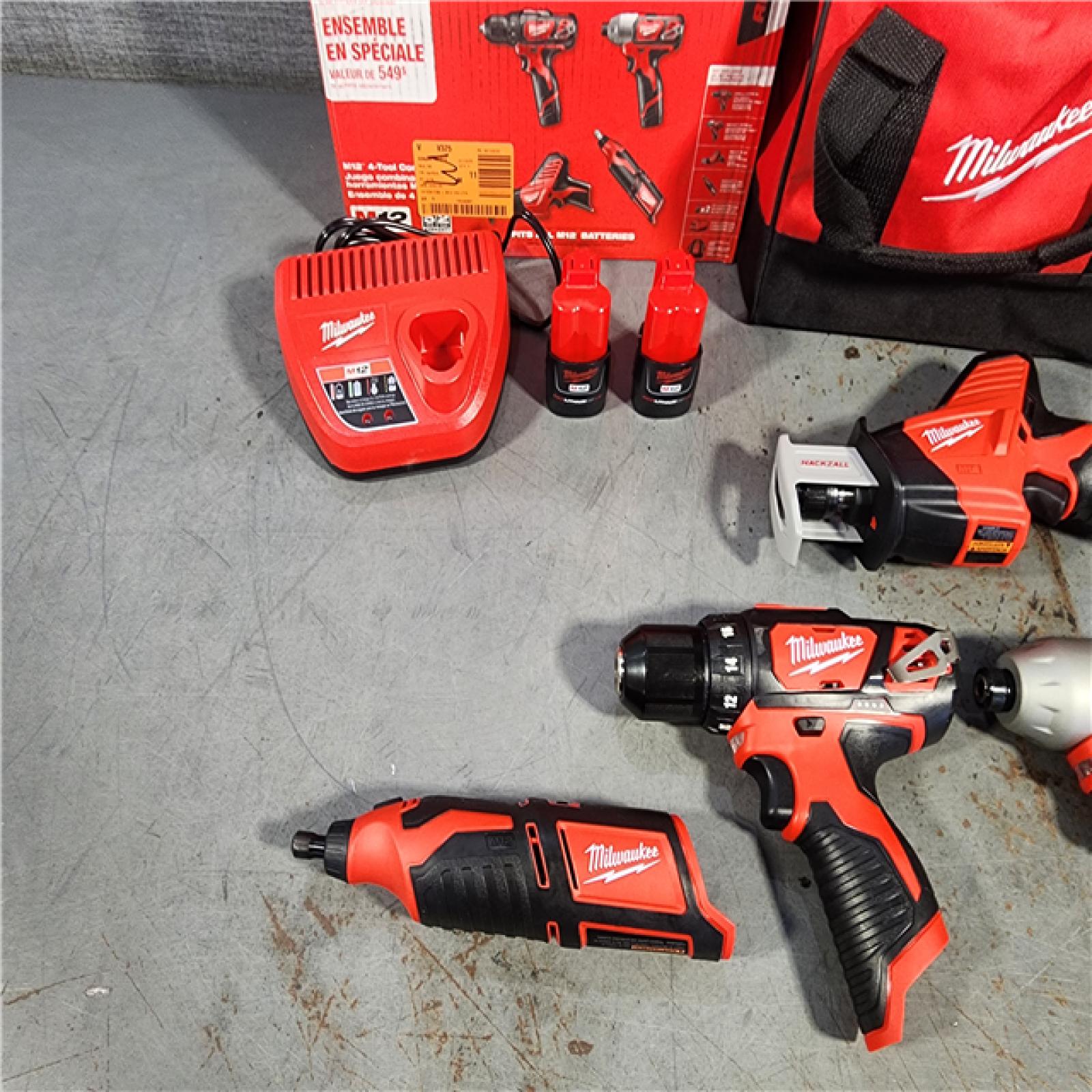 HOUSTON LOCATION - AS-IS (APPEARS LIKE NEW) M12 12V Lithium-Ion Cordless 4-Tool Combo Kit with (2) Compact 1.5Ah Batteries and Charger