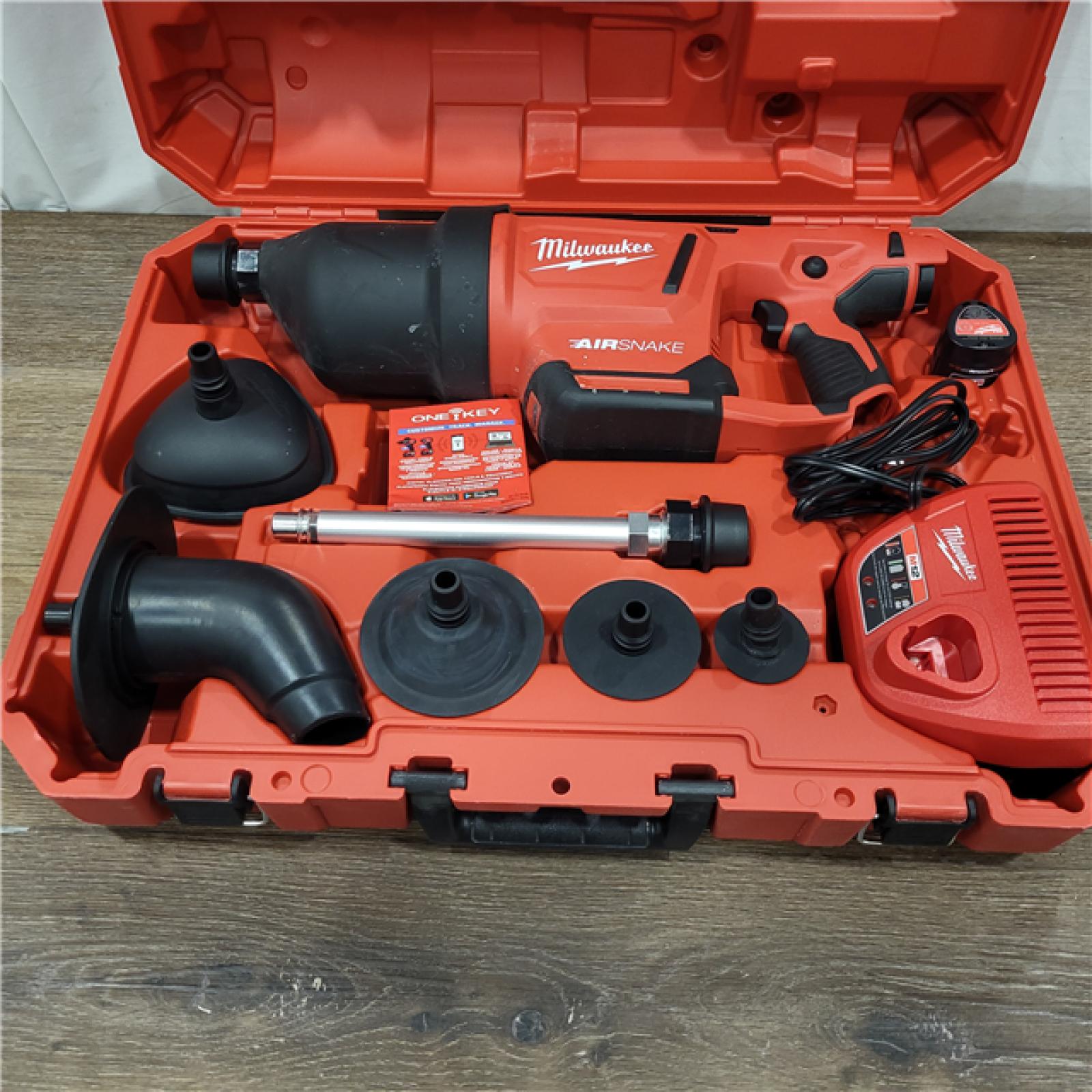 AS-IS M12 12-Volt Lithium-Ion Cordless Drain Cleaning Airsnake Air Gun Kit with (1) 2.0Ah Battery, Toilet Attachments