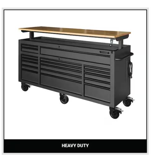 DALLAS LOCATION - Husky 72 in. W x 24 in. D Heavy Duty 18-Drawer Mobile Workbench Cabinet with Adjustable-Height Hardwood Top in Matte Black