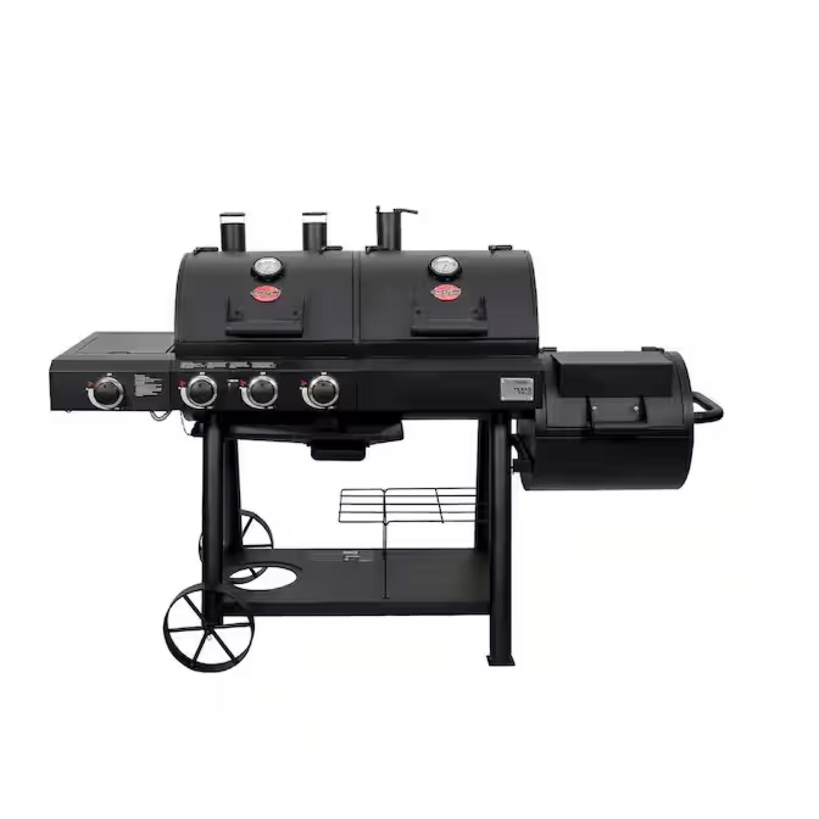 DALLAS LOCATION - Char-Griller Texas Trio 4-Burner Dual Fuel Grill with Smoker in Black