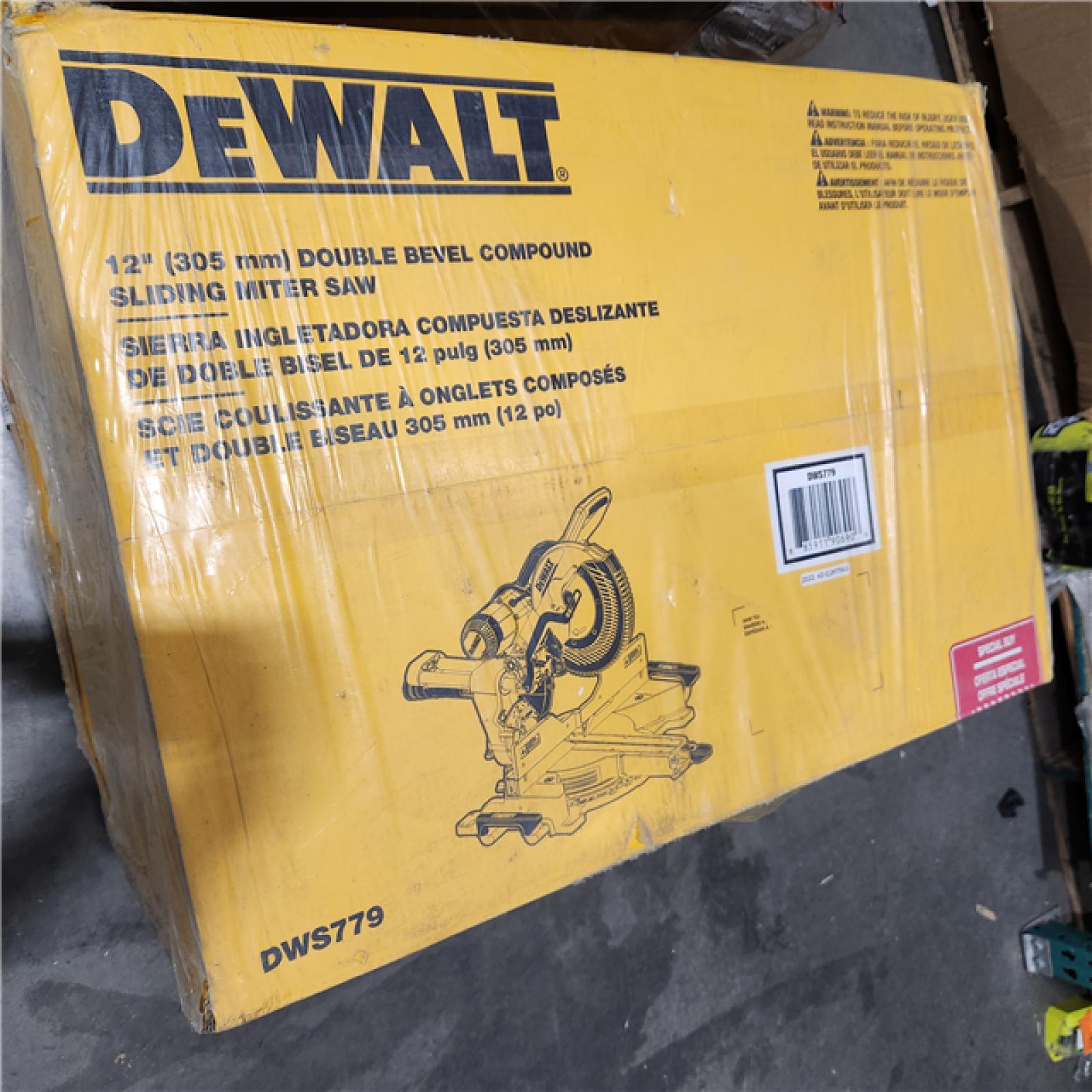 Dallas Location - NEW- DEWALT 15 Amp Corded 12 in. Double Bevel Sliding Compound Miter Saw, Blade Wrench and Material Clamp