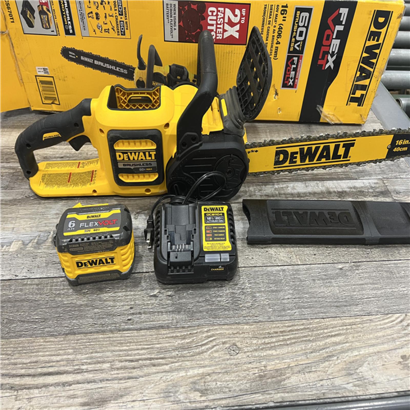 AS-IS DEWALT FLEXVOLT 60V MAX 16in. Brushless Cordless Battery Powered Chainsaw Kit with (1) FLEXVOLT 2 Ah Battery & Charger