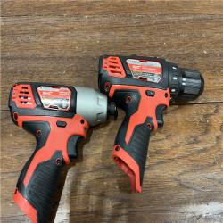 AS-IS Milwaukee 2494-22 M12 Cordless Combination 3/8  Drill / Driver and 1/4  Hex Impact Driver Dual Power Tool Kit (2 Lithium Ion Batteries  Charger  and B