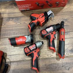 AS-IS MILWAUKEE M12 12V Lithium-Ion Cordless Combo Kit (5-Tool) with Two 1.5Ah Batteries, Charger & Tool Bag