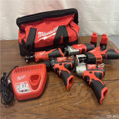 AS-ISMILWAUKEE M12 12V Lithium-Ion Cordless Combo Kit (5-Tool) with Two 1.5Ah Batteries, Charger & Tool Bag