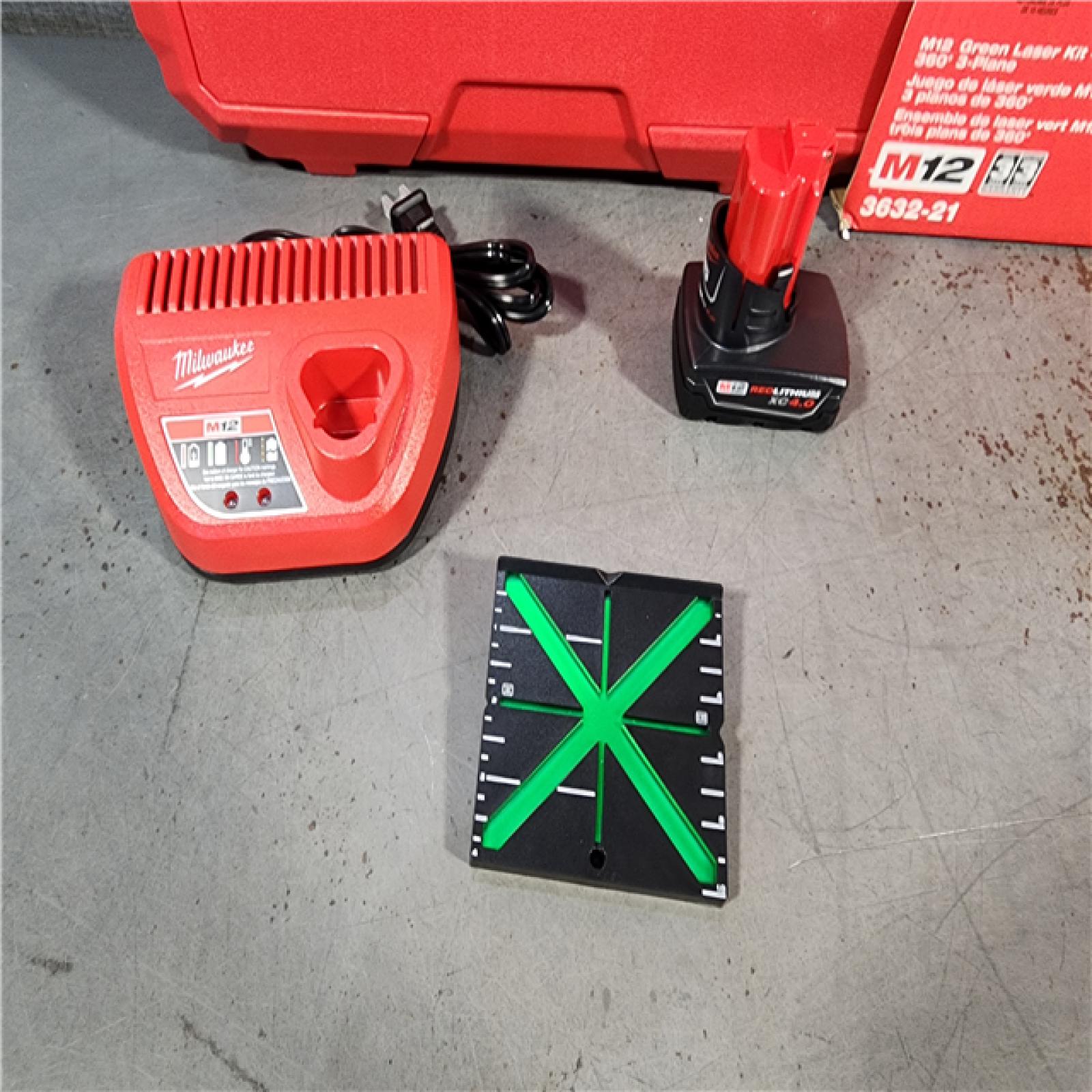 HOUSTON LOCATION - AS-IS (BRAND NEW) Milwaukee-3632-21 M12 Green Beam Laser 360Â° 3-Plane Kit W/ 165' LASER LINE DETECTOR