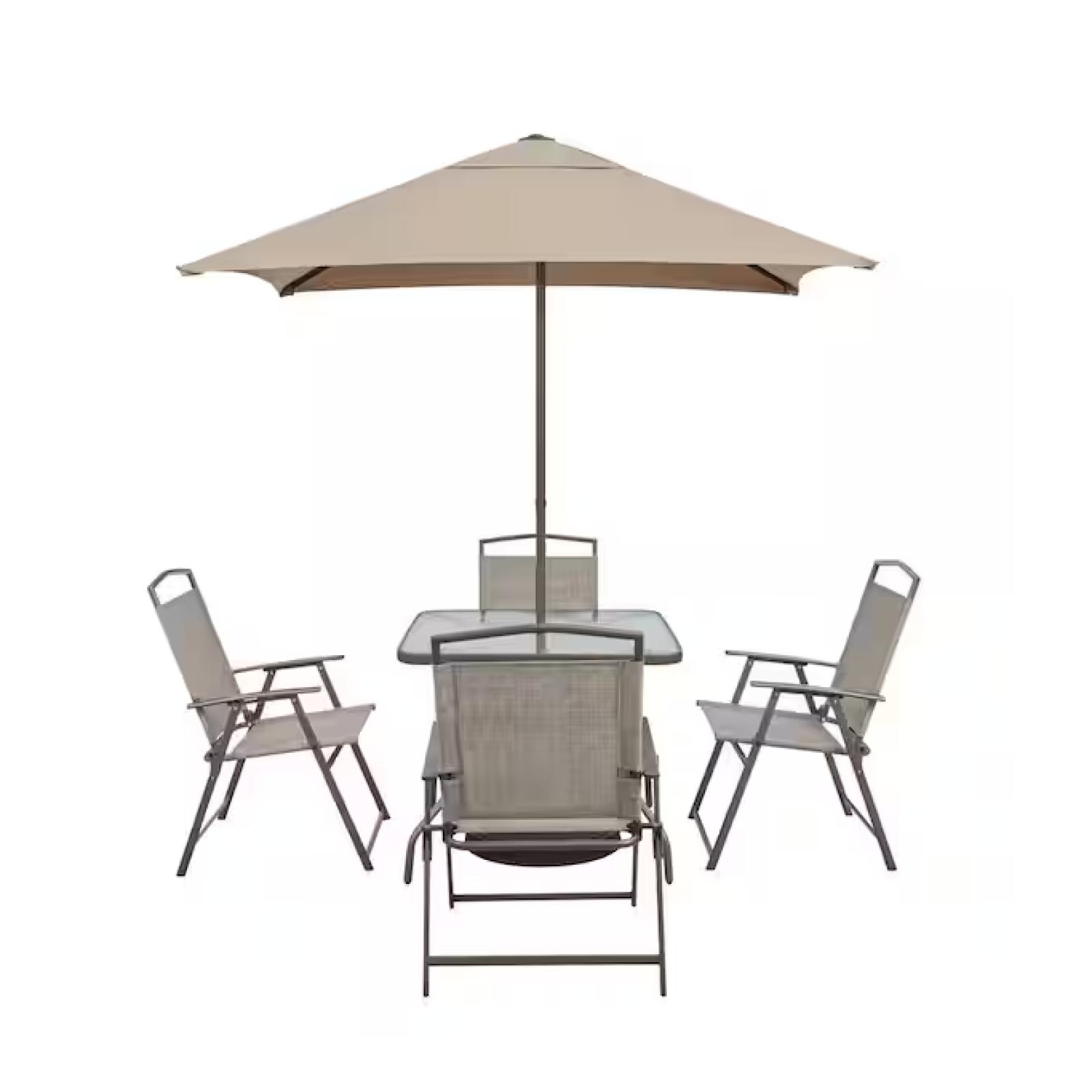 DALLAS LOCATION - StyleWell Amberview 6-Piece Steel Square Outdoor Dining Set in Brown with Umbrella - (3 UNITS)