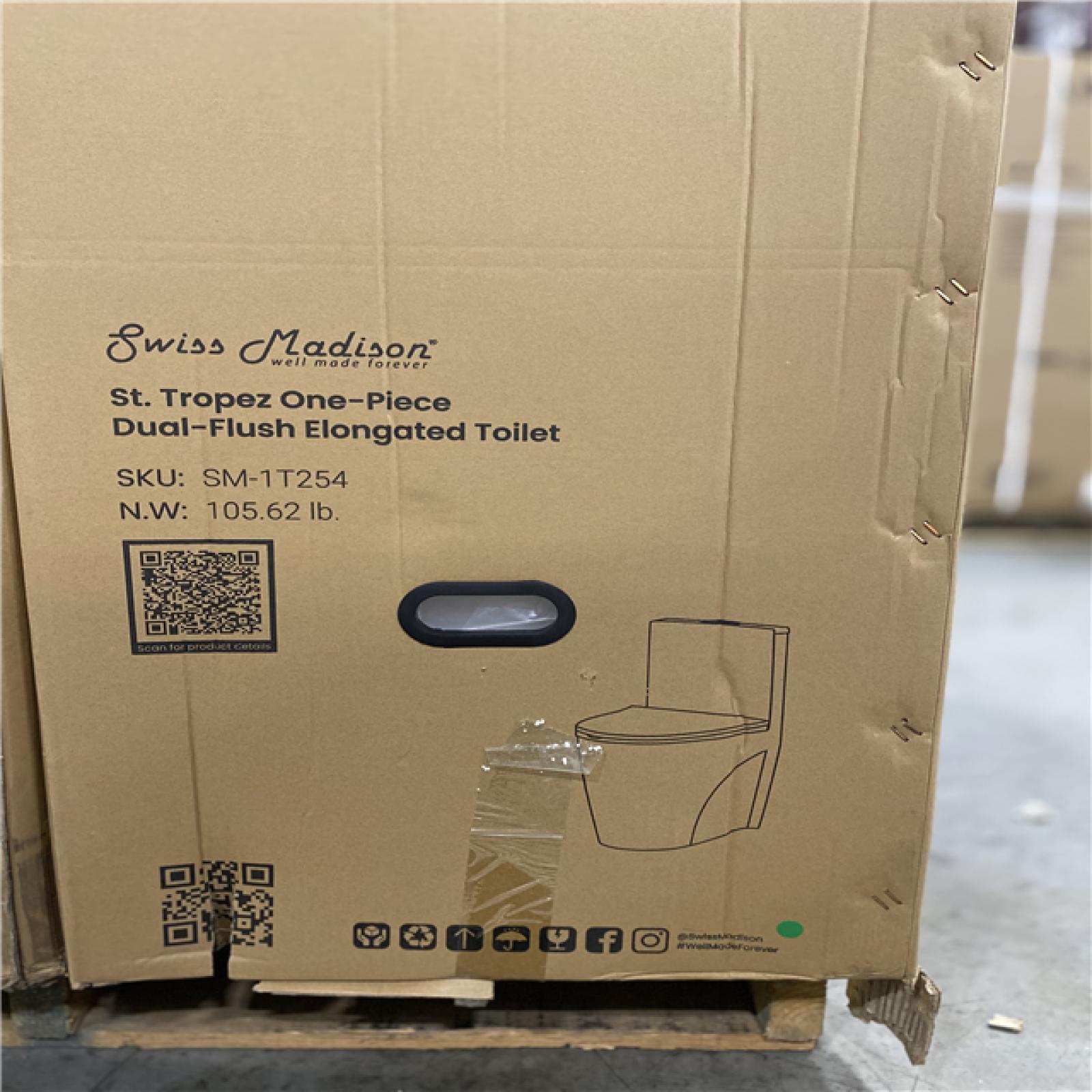 DALLAS LOCATION - Swiss Madison St. Tropez 1-Piece 1.1/1.6 GPF Dual Flush Elongated Toilet in Glossy White PALLET -(6 UNITS)