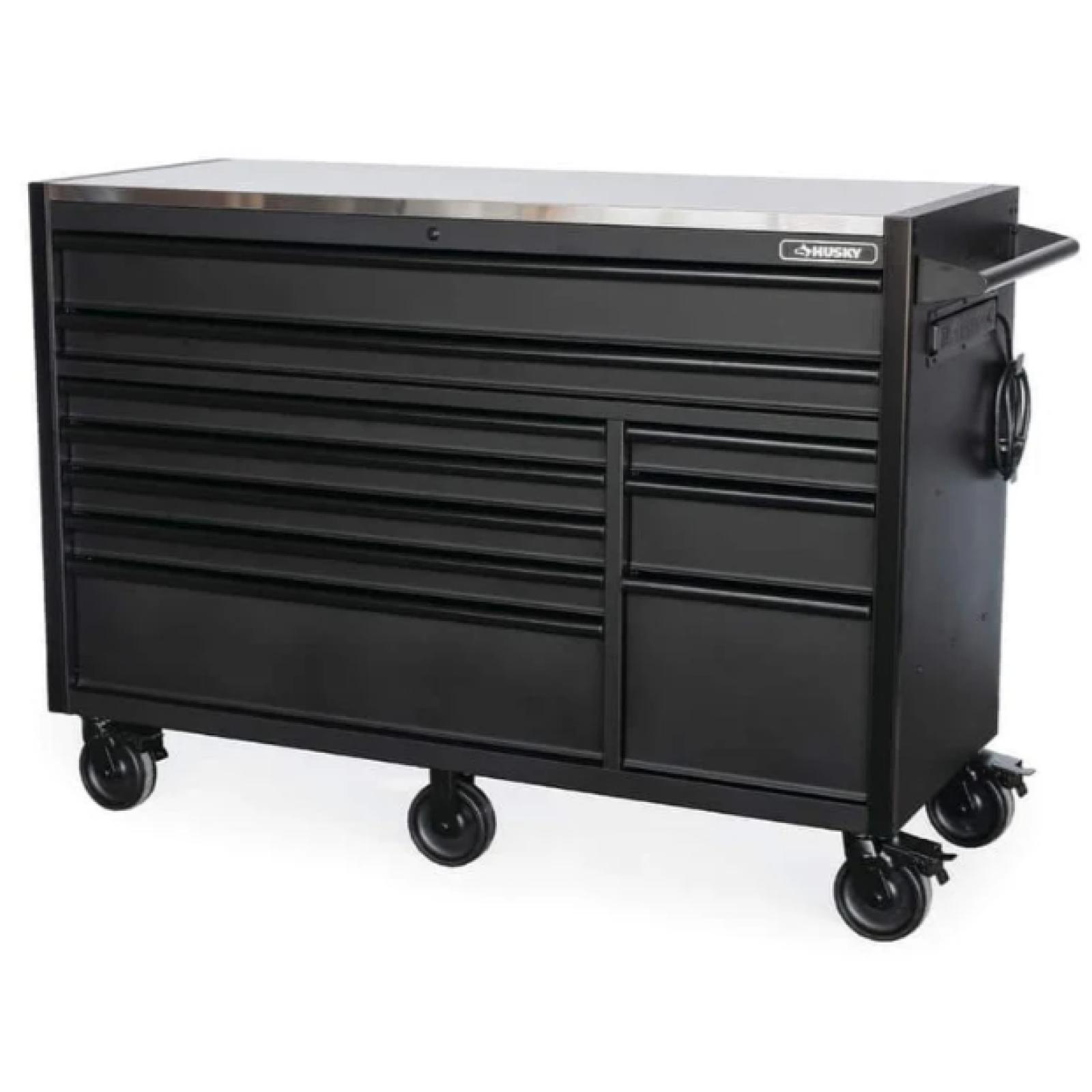 DALLAS LOCATION - NEW! HUSKY 62 in. W X 24 in. D Heavy Duty Matte Black Mobile Workbench Cabinet with Stainless Steel Top