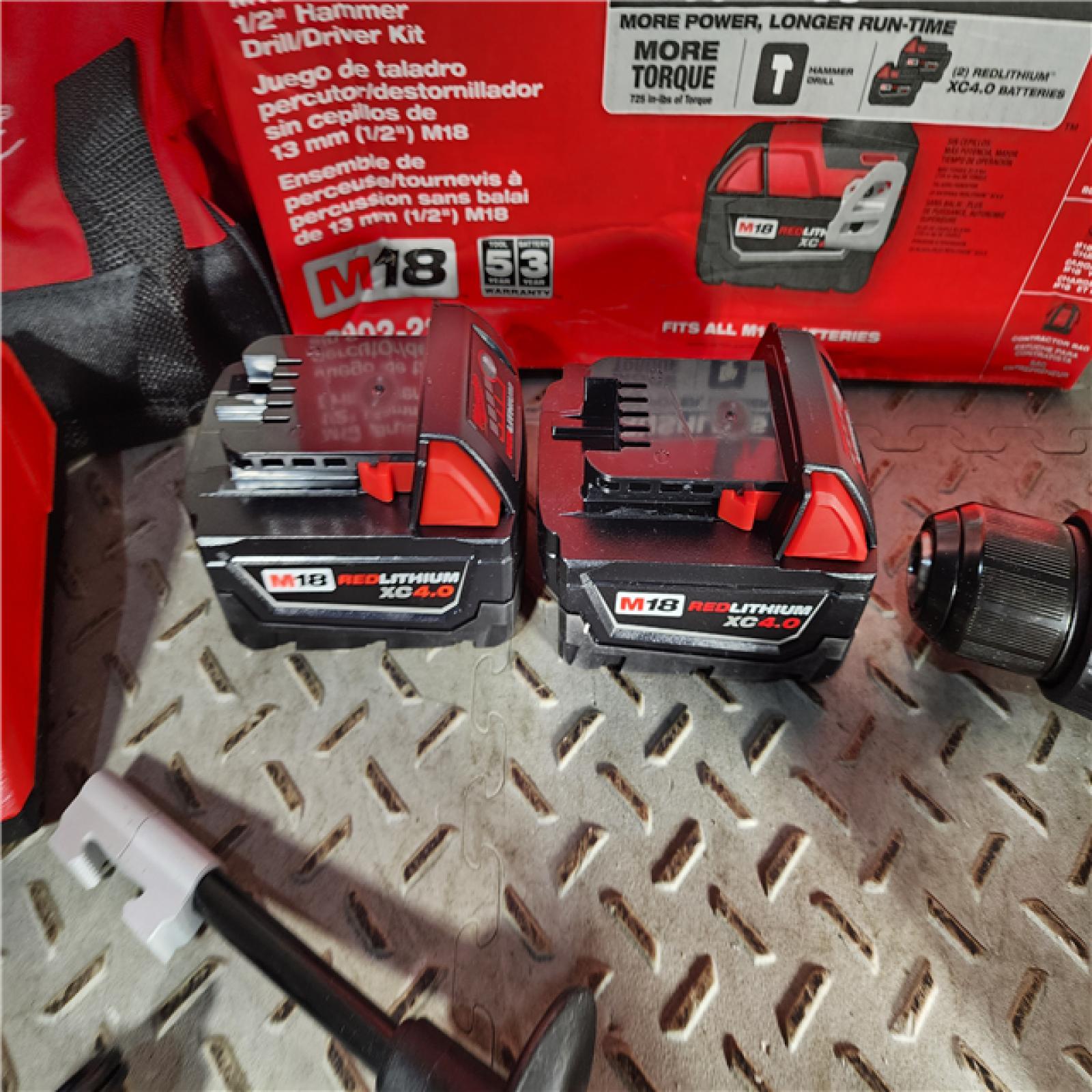 HOUSTON LOCATION - AS-IS (APPEARS LIKE NEW) Milwaukee M18 18-Volt Lithium-Ion Brushless Cordless 1/2 in. Compact Hammer Drill/Driver Kit w/Two 4.0Ah Batteries, Charger and Hard Case