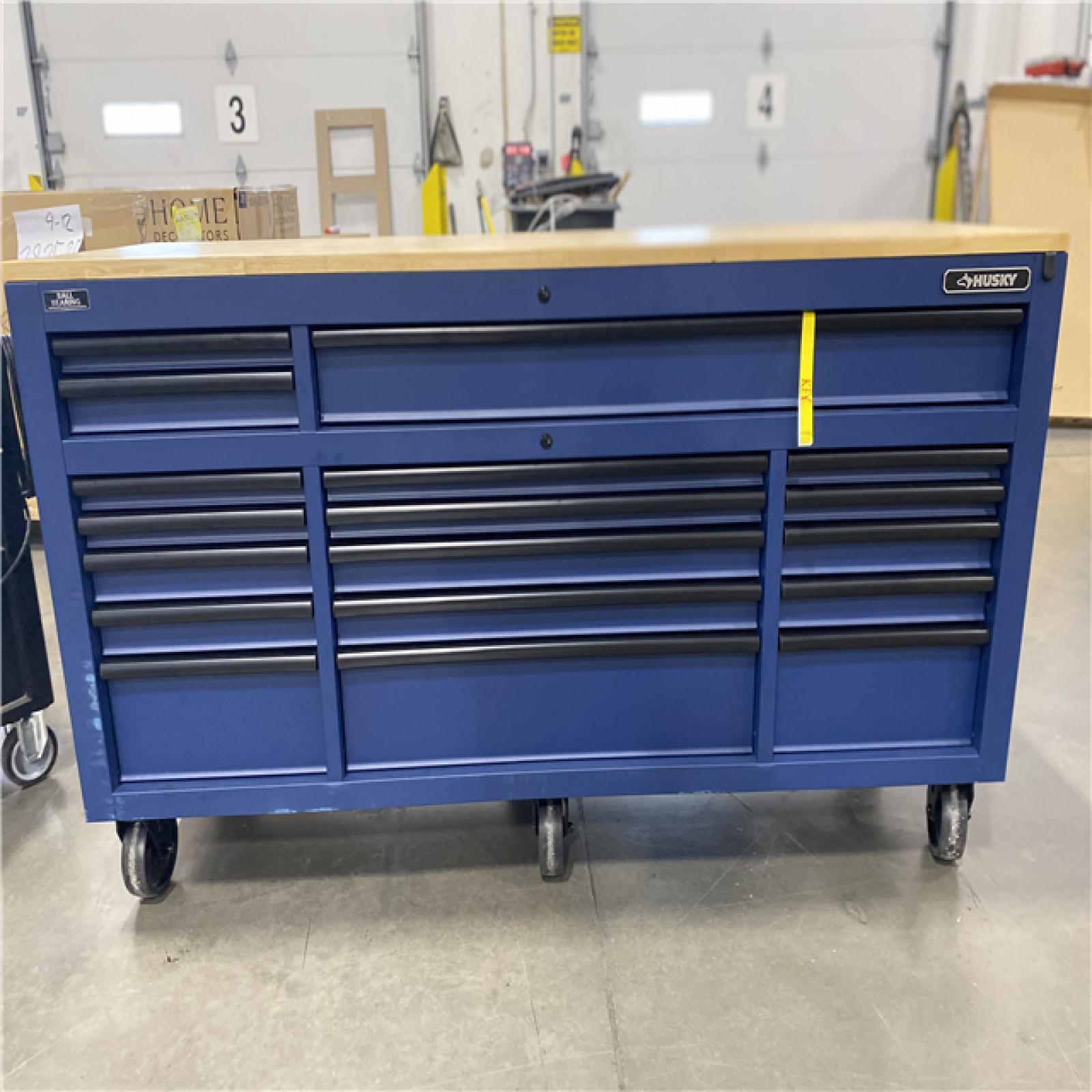 DALLAS LOCATION - Husky Tool Storage 72 in. W Heavy Duty Matte Blue Mobile Workbench Cabinet Adjustable Height Solid Wood Top