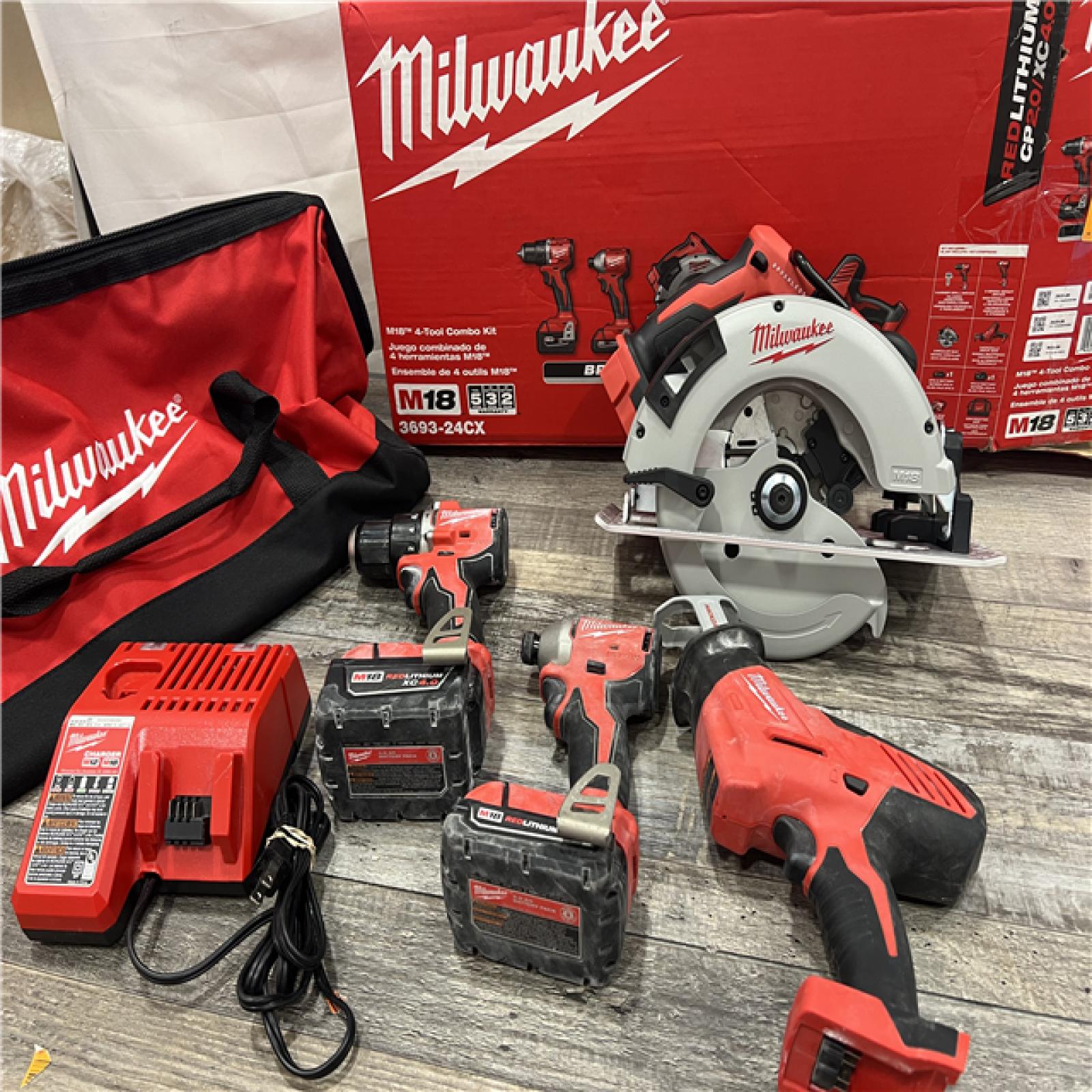 AS-IS MILWAUKEE M18 18-Volt Lithium-Ion Brushless Cordless Combo Kit (4-Tool) with 2-Batteries, 1-Charger and Tool Bag