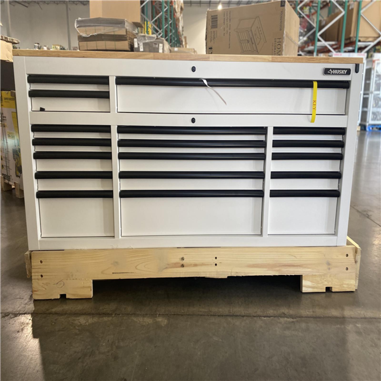 DALLAS LOCATION - Husky Tool Storage 72 in. W Heavy Duty Matte White Mobile Workbench Cabinet with Adjustable Height Wood Top