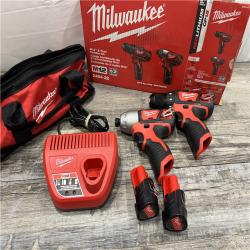 AS-IS MILWAUKEE M12 12V Lithium-Ion Cordless Drill Driver/Impact Driver Combo Kit with Two 1.5Ah Batteries, Charger and Bag (2-Tool)