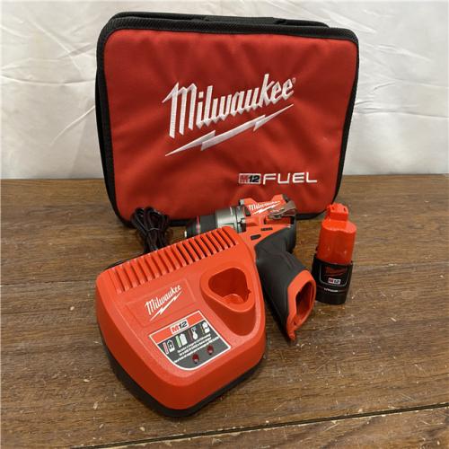 AS-ISMilwaukee M12 FUEL 12-Volt Lithium-Ion Brushless Cordless 1/2 in. Hammer Drill Kit with 1 Compact 2.0Ah Battery Pack and 1 Charger