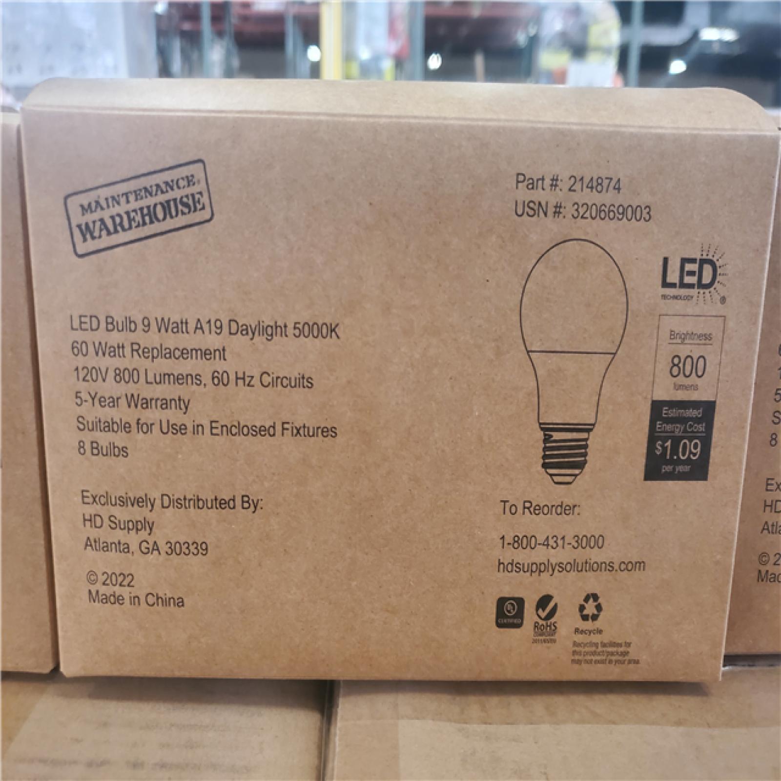 Phoenix Location Pallet of NEW Maintenance Warehouse® 9w A19 Led A-Line Bulb 5000k Package Of 8 - Pallet contains 108 cases - Each with 4 packs of 8 Bulbs. Total $8,640 Retail