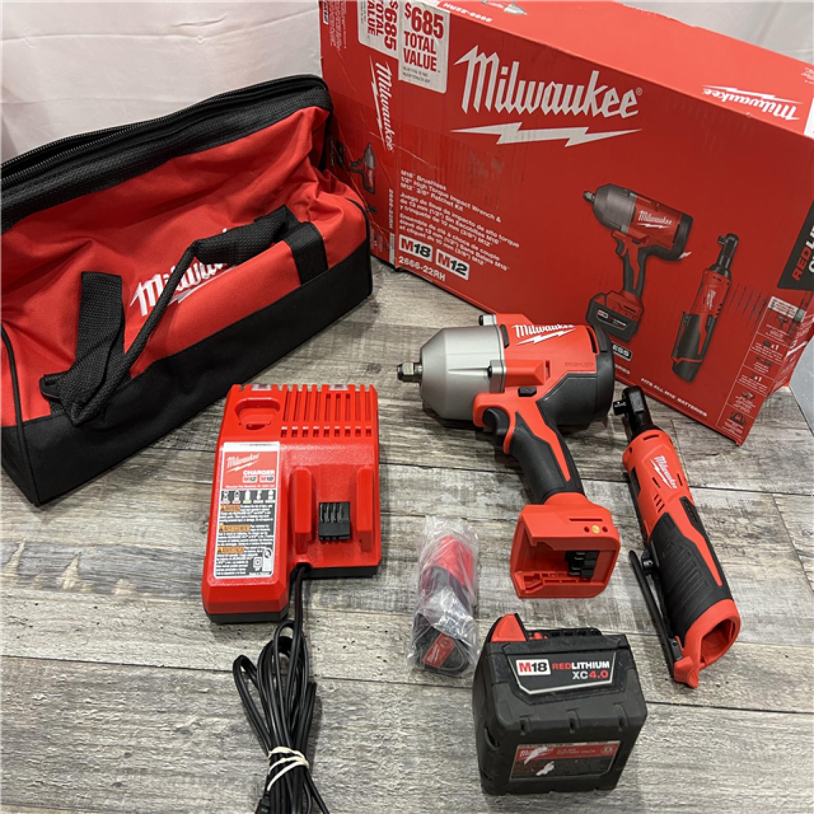 AS-IS MILWAUKEE 12/18V Lithium-Ion Cordless 3/8 in. Ratchet and 1/2 in. High Torque Impact Wrench with Friction Ring Combo Kit