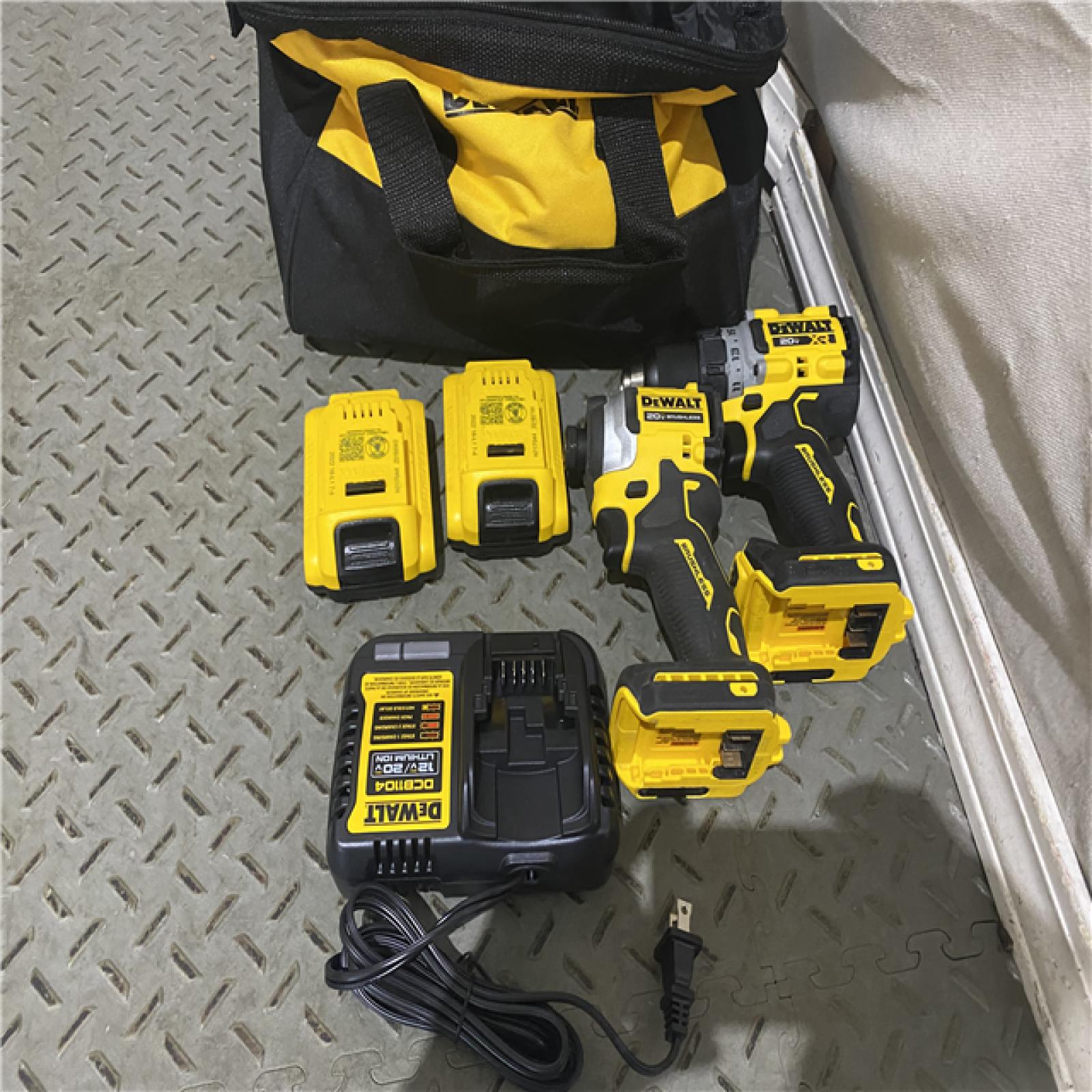 Houston location AS-IS DEWALT 20V MAX XR Cordless Drill/Driver, ATOMIC Impact Driver 2 Tool Combo Kit, (2) 2.0Ah Batteries, Charger, and Bag