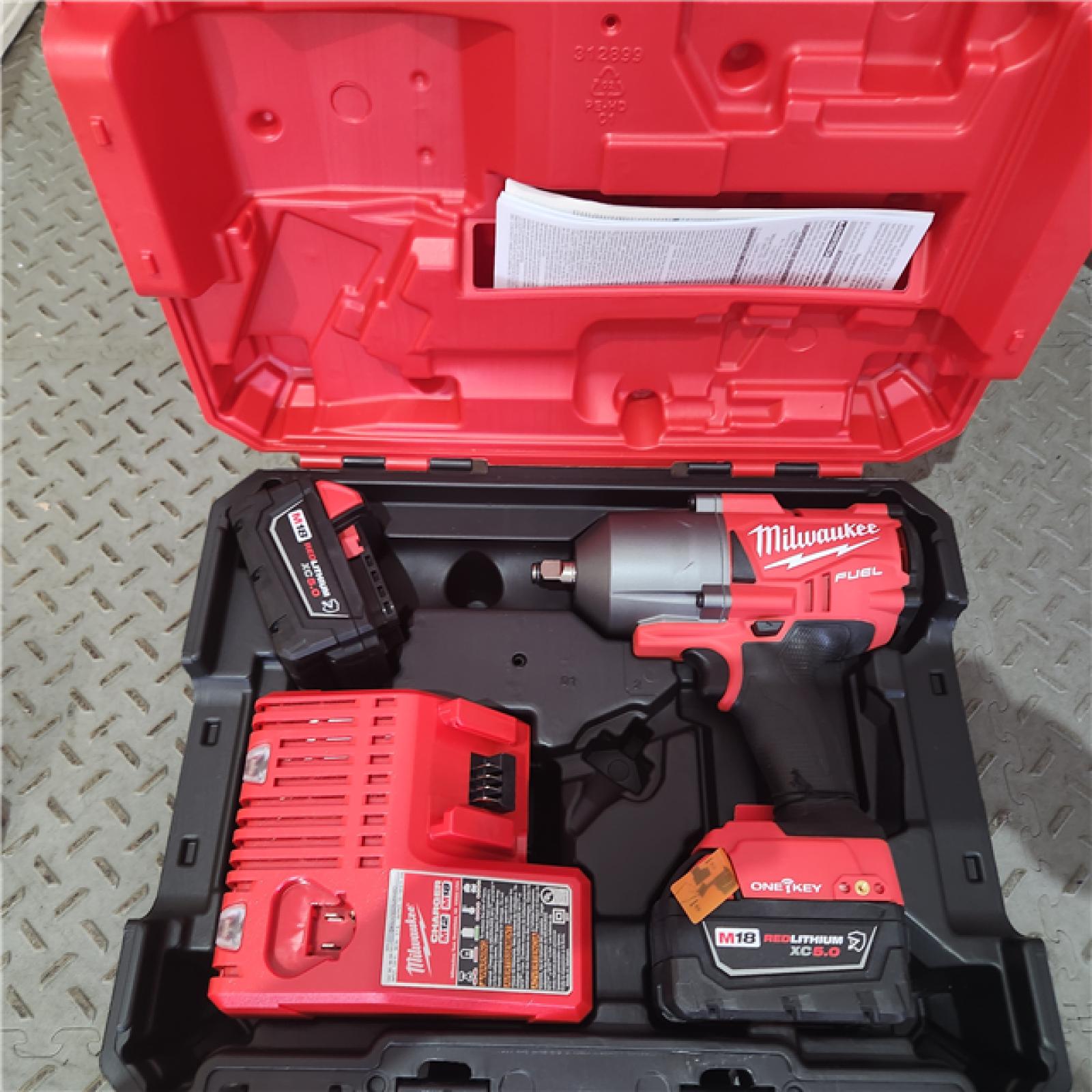 Houston location AS-IS MILWUAKEE M18 FUEL ONE-KEY 18V Li-Ion Brushless Cordless 1/2 in. High-Torque Impact Wrench with Friction Ring, Resistant Batteries