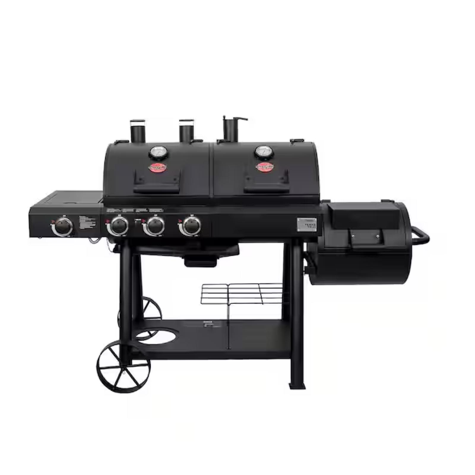 DALLAS LOCATION - Char-Griller Texas Trio 4-Burner Dual Fuel Grill with Smoker in Black - (4 UNITS)