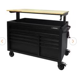 DALLAS LOCATION NEW-Husky 52 in. W X 25 in. D Heavy Duty 9-Drawer Mobile Workbench Tool Chest with Adjustable-Height Hardwood Top in Matte Black, Matte Black with Black T