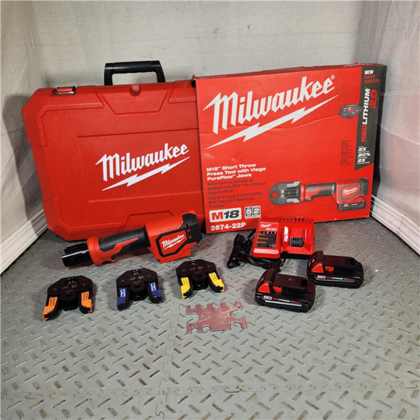 Houston Location - AS-IS Milwaukee Electric Tool - 2674-22P - M18 Short Throw Press Tool Kit W/ Viega PureFlow Jaws - Appears IN GOOD Condition