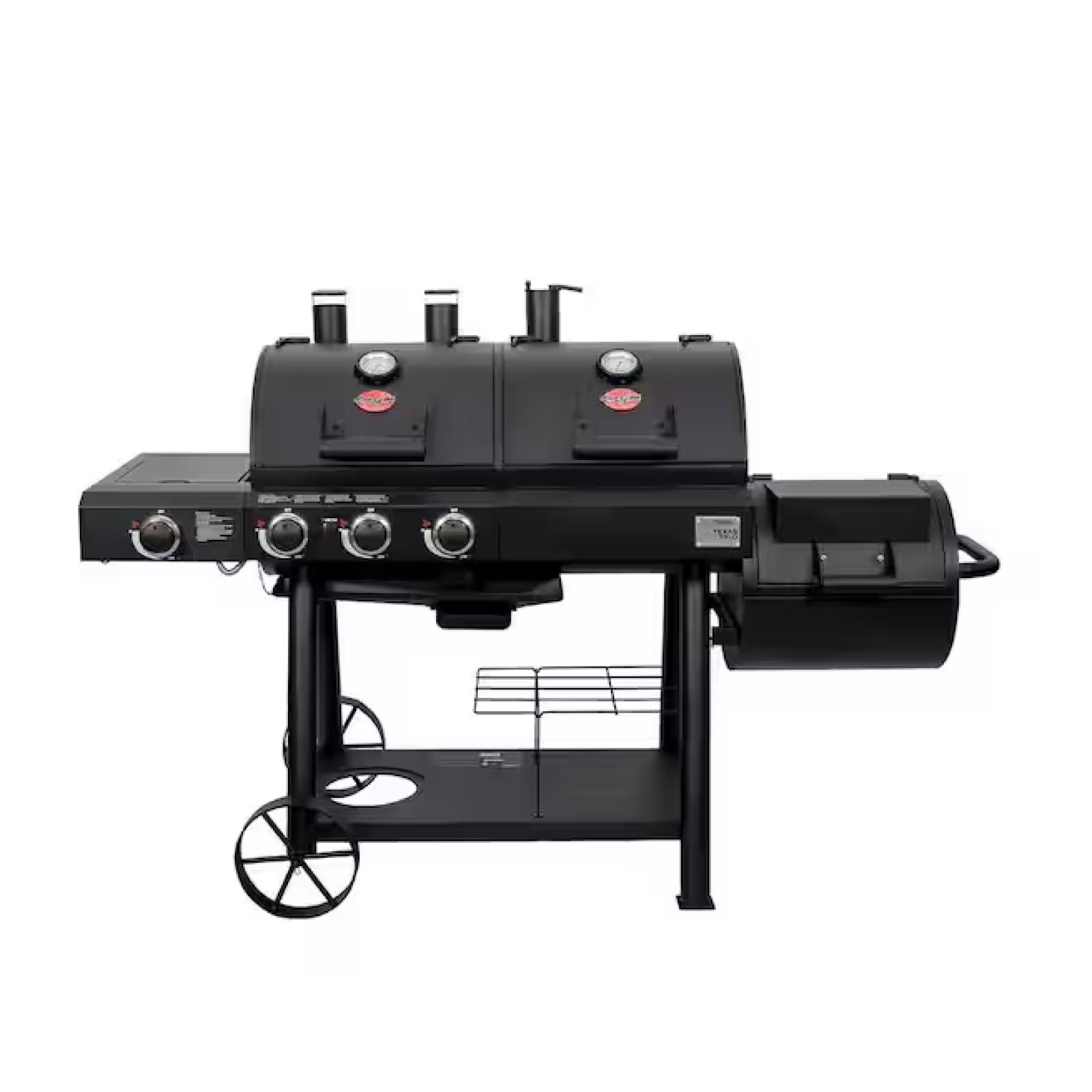 DALLAS LOCATION - Char-Griller Texas Trio 4-Burner Dual Fuel Grill with Smoker in Black PALLET -(2 UNITS)