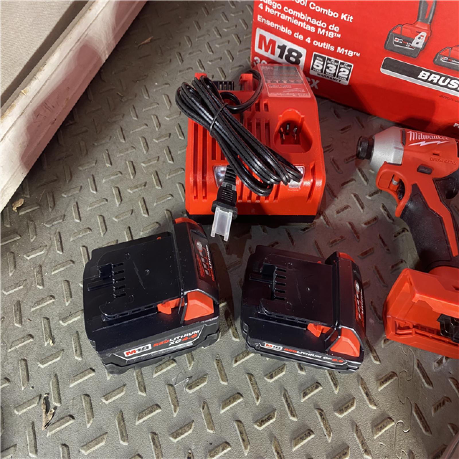 HOUSTON LOCATION - AS-IS M18 18-Volt Lithium-Ion Brushless Cordless Combo Kit (4-Tool) with 2-Batteries, 1-Charger and Tool Bag