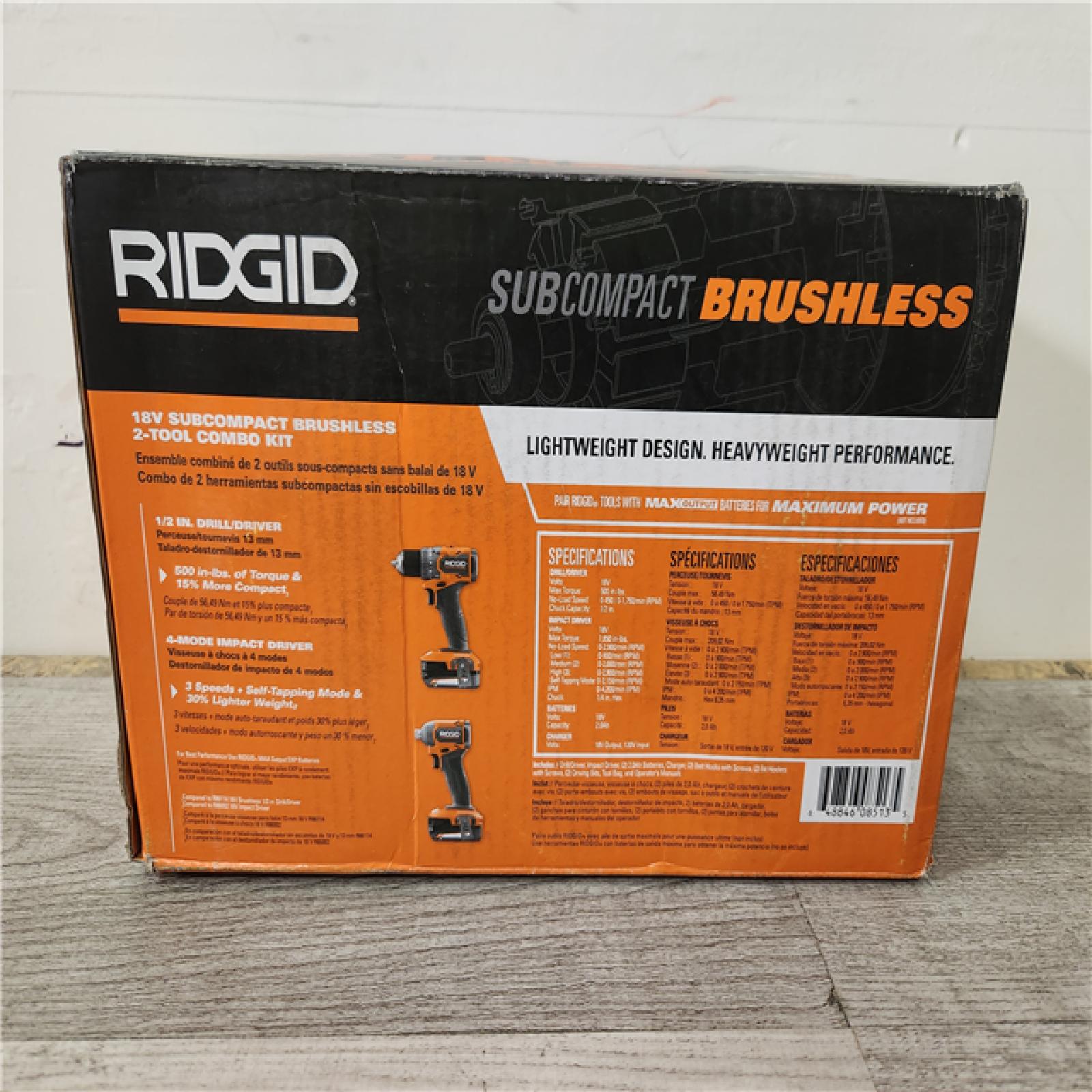 Phoenix Location RIDGID 18V SubCompact Brushless 2-Tool Combo Kit with Drill/Driver, Impact Driver, (2) 2.0 Ah Batteries, Charger, and Tool Bag