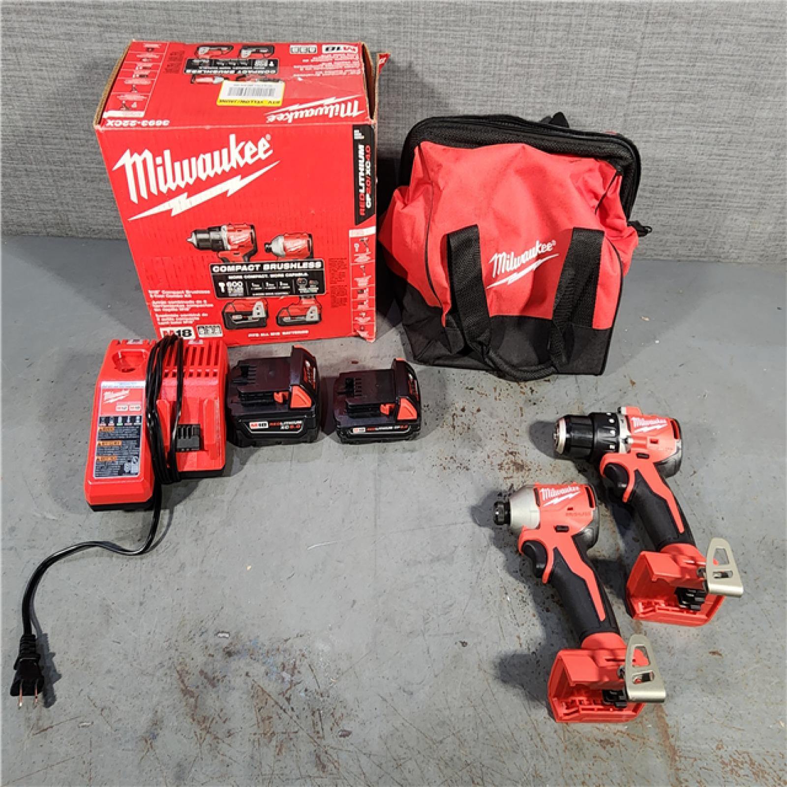 HOUSTON LOCATION - AS-IS M18 18-Volt Lithium-Ion Brushless Cordless Compact Hammer Drill/Impact Combo Kit (2-Tool) with (2) Batteries, Bag