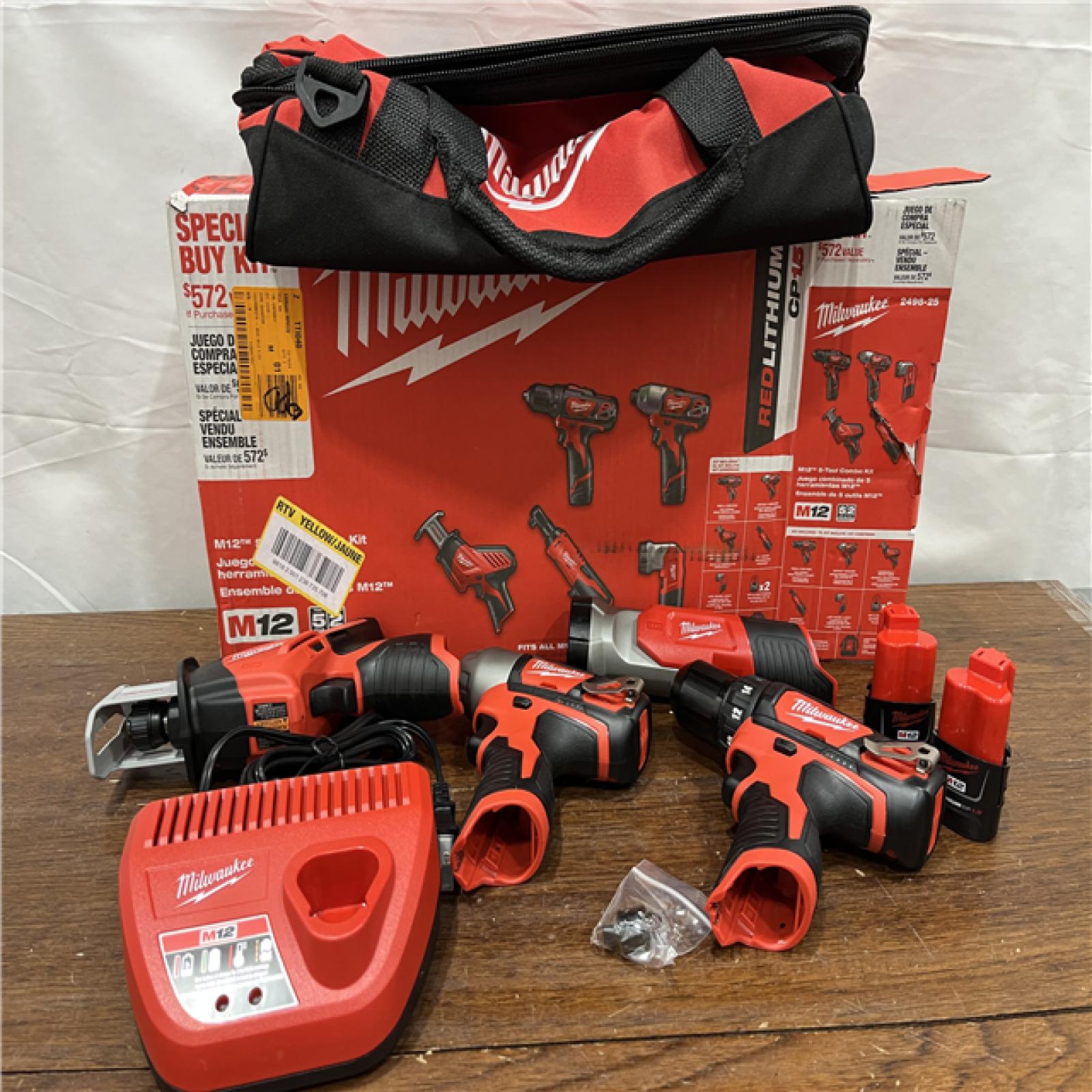 AS-ISMILWAUKEE M12 12V Lithium-Ion Cordless Combo Kit (5-Tool) with Two 1.5Ah Batteries, Charger & Tool Bag