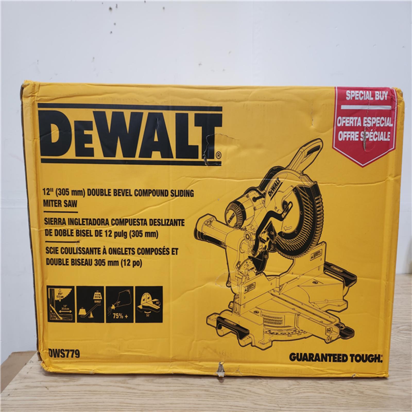 Phoenix Location Appears NEW DEWALT 15 Amp Corded 12 in. Double Bevel Sliding Compound Miter Saw, Blade Wrench and Material Clamp DWS779