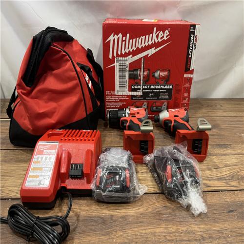 AS-IS MILWAKUKEE M18 18V Lithium-Ion Brushless Cordless Compact Drill/Impact Combo Kit (2-Tool) W/(2) 2.0 Ah Batteries, Charger & Bag